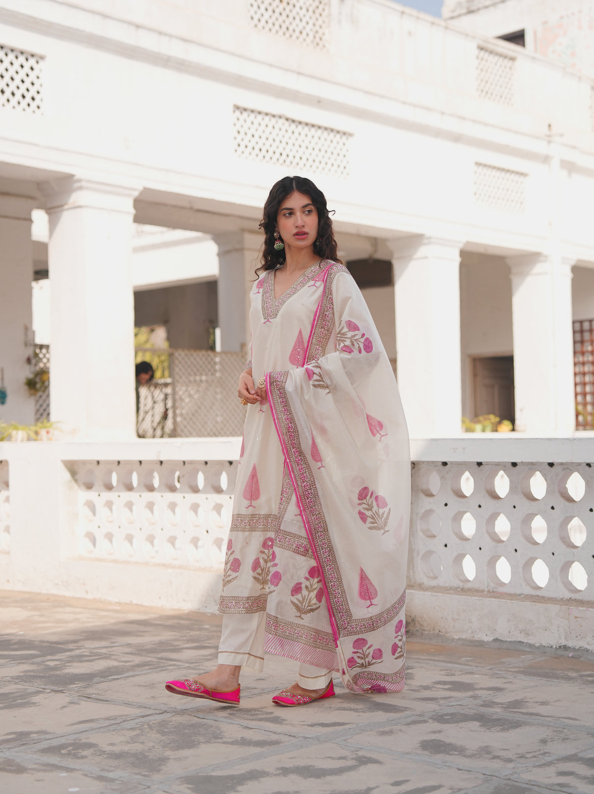 Pink Printed Chanderi Silk Pant Set