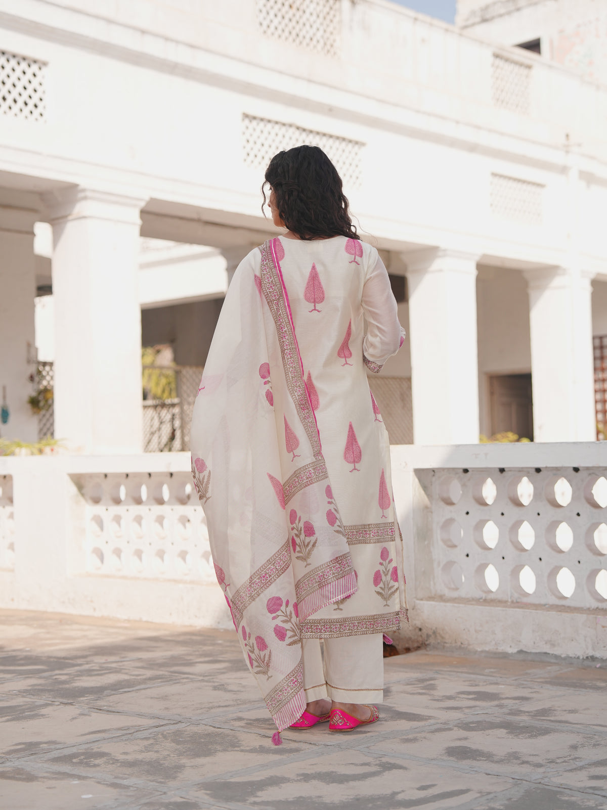 Pink Printed Chanderi Silk Pant Set