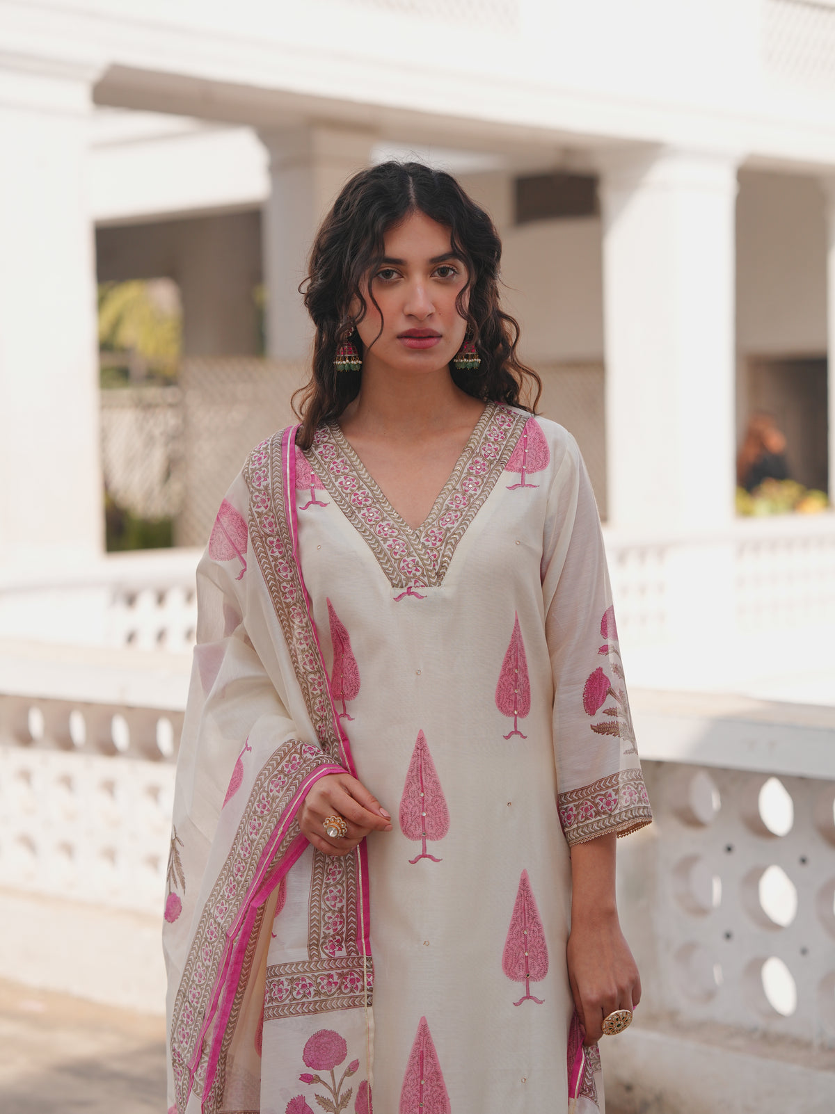 Pink Printed Chanderi Silk Pant Set