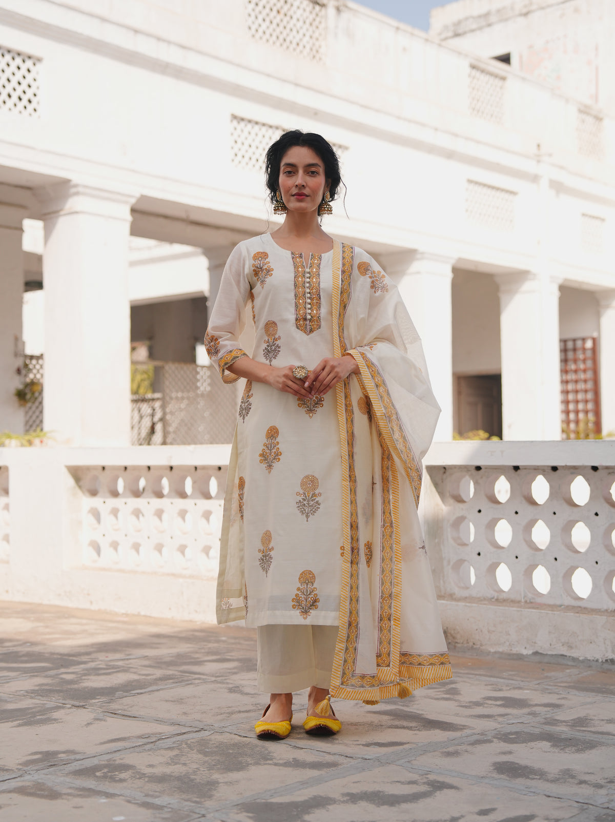 Ivory Printed Chanderi Silk Pant Set