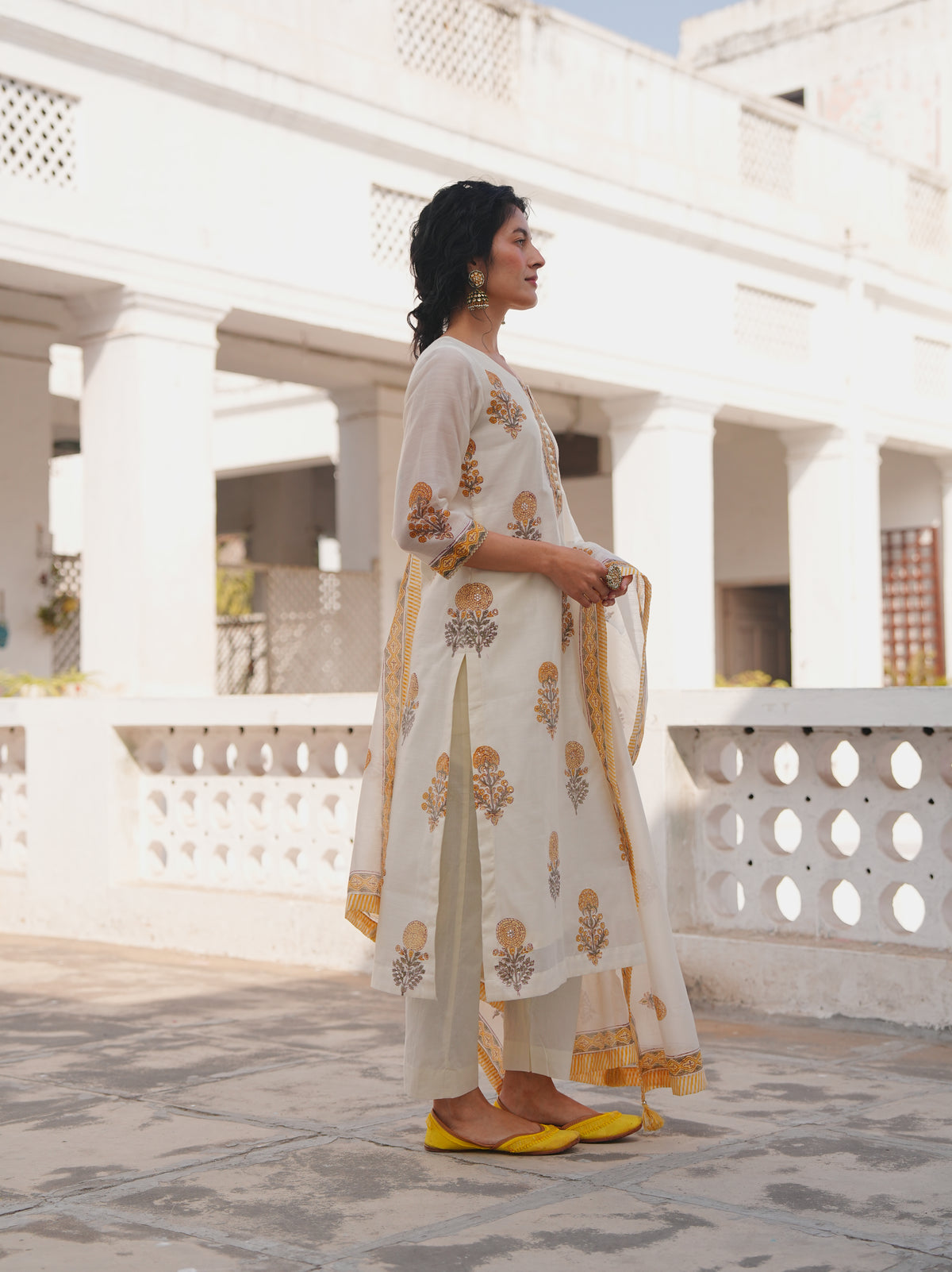 Ivory Printed Chanderi Silk Pant Set