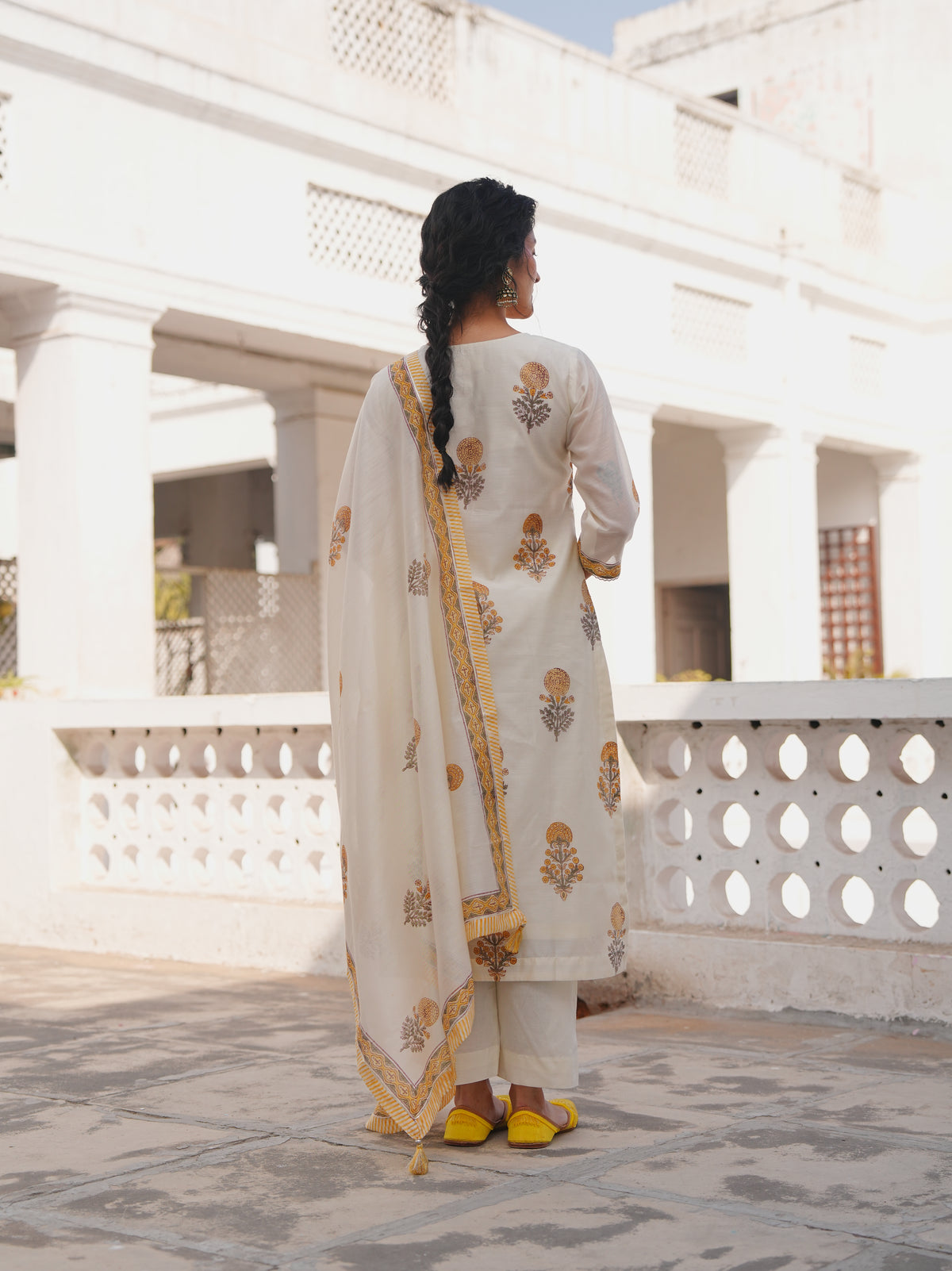 Ivory Printed Chanderi Silk Pant Set