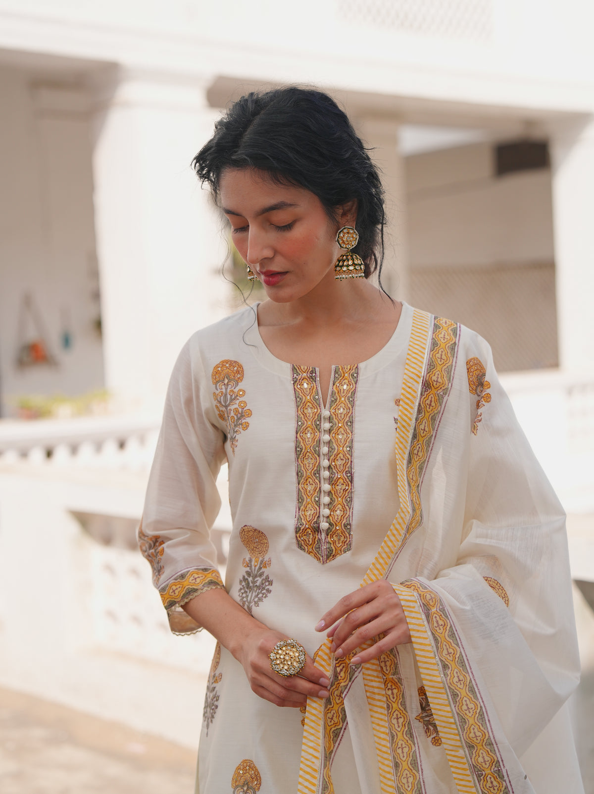 Ivory Printed Chanderi Silk Pant Set