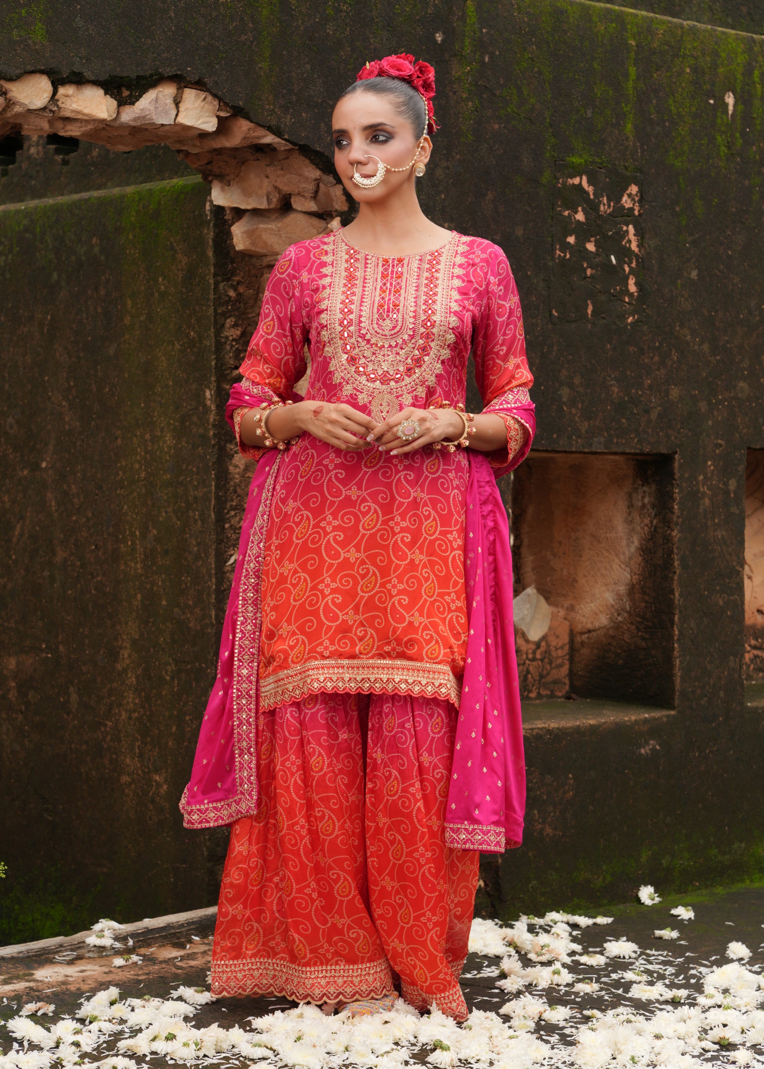 Rich Pink Embellished Chinon Silk Sharara Set