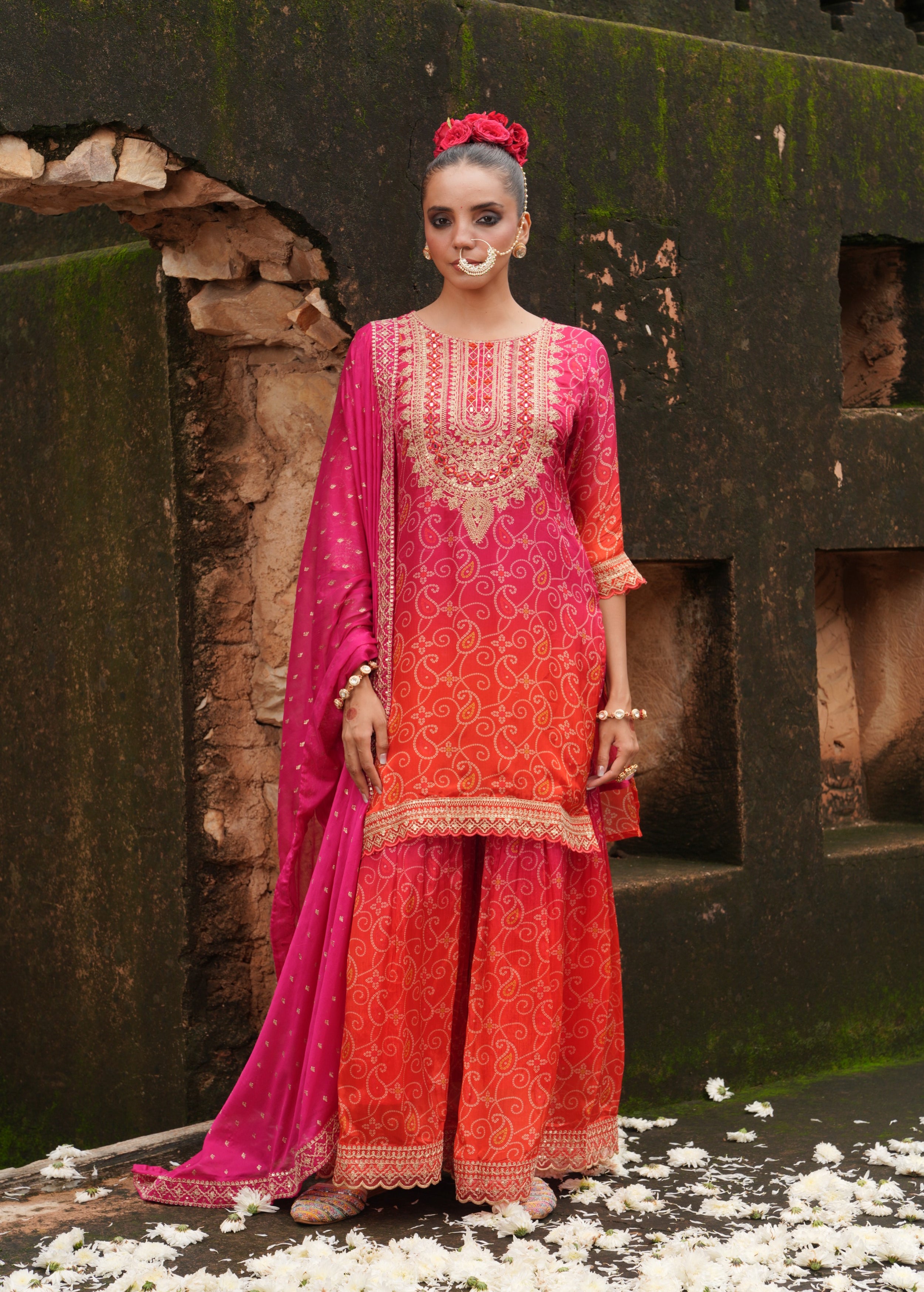 Rich Pink Embellished Chinon Silk Sharara Set