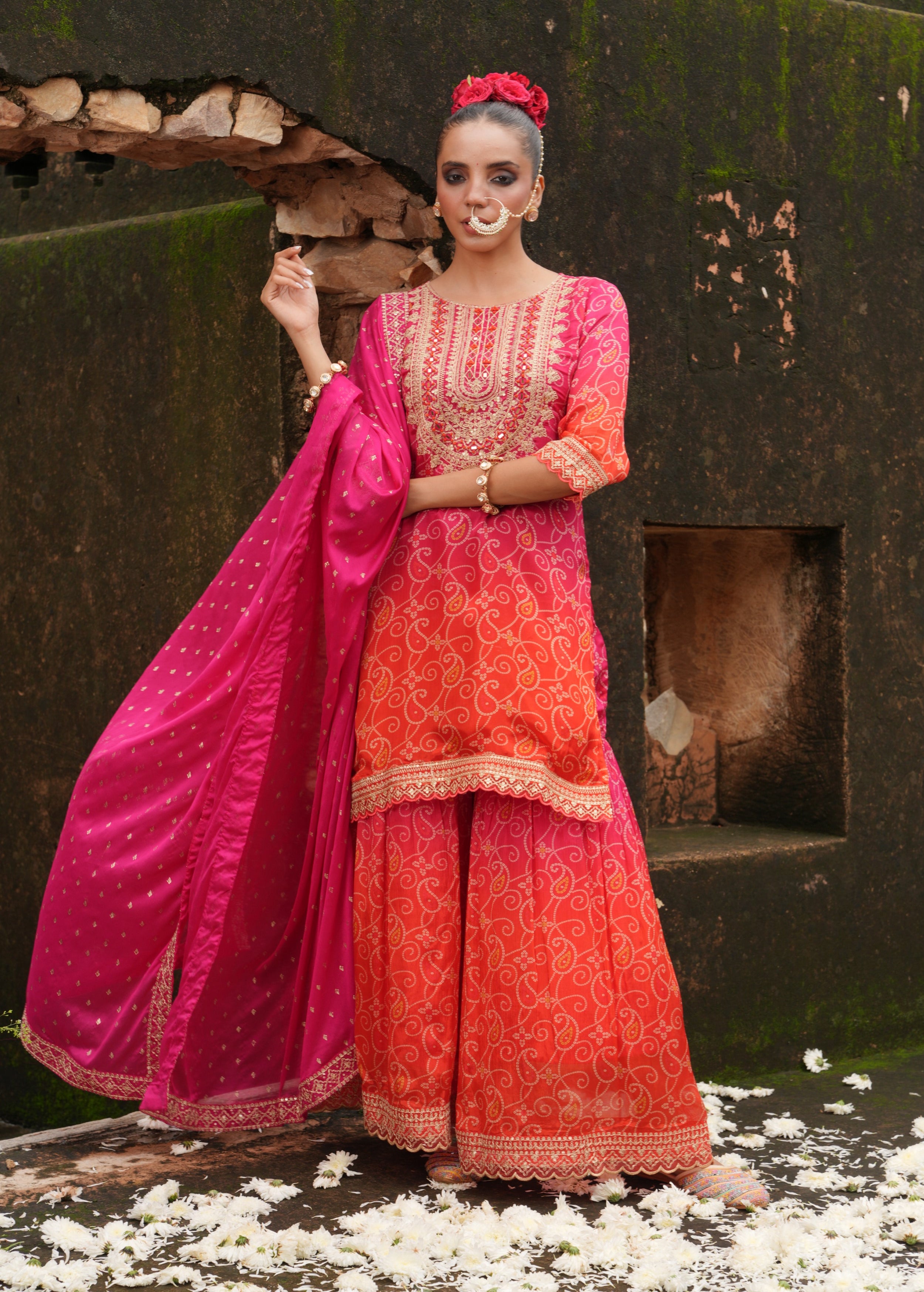 Rich Pink Embellished Chinon Silk Sharara Set