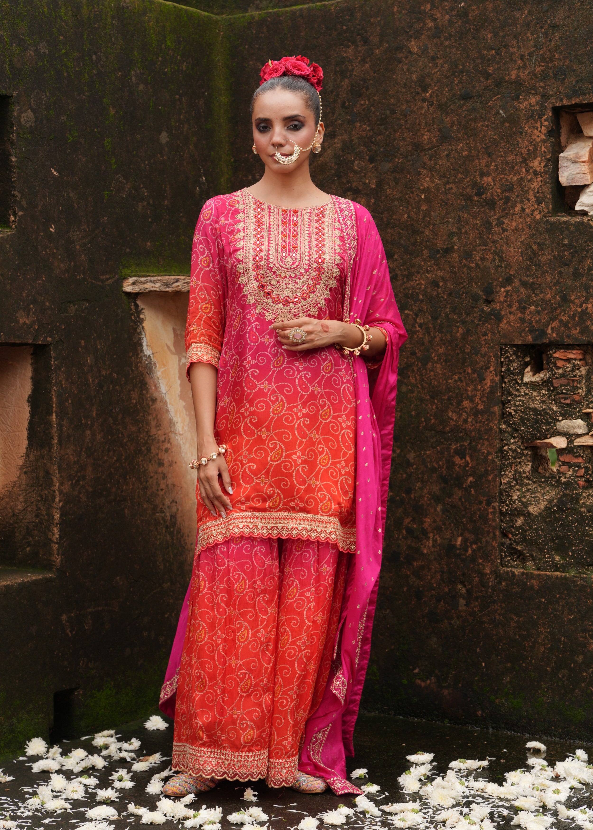 Rich Pink Embellished Chinon Silk Sharara Set