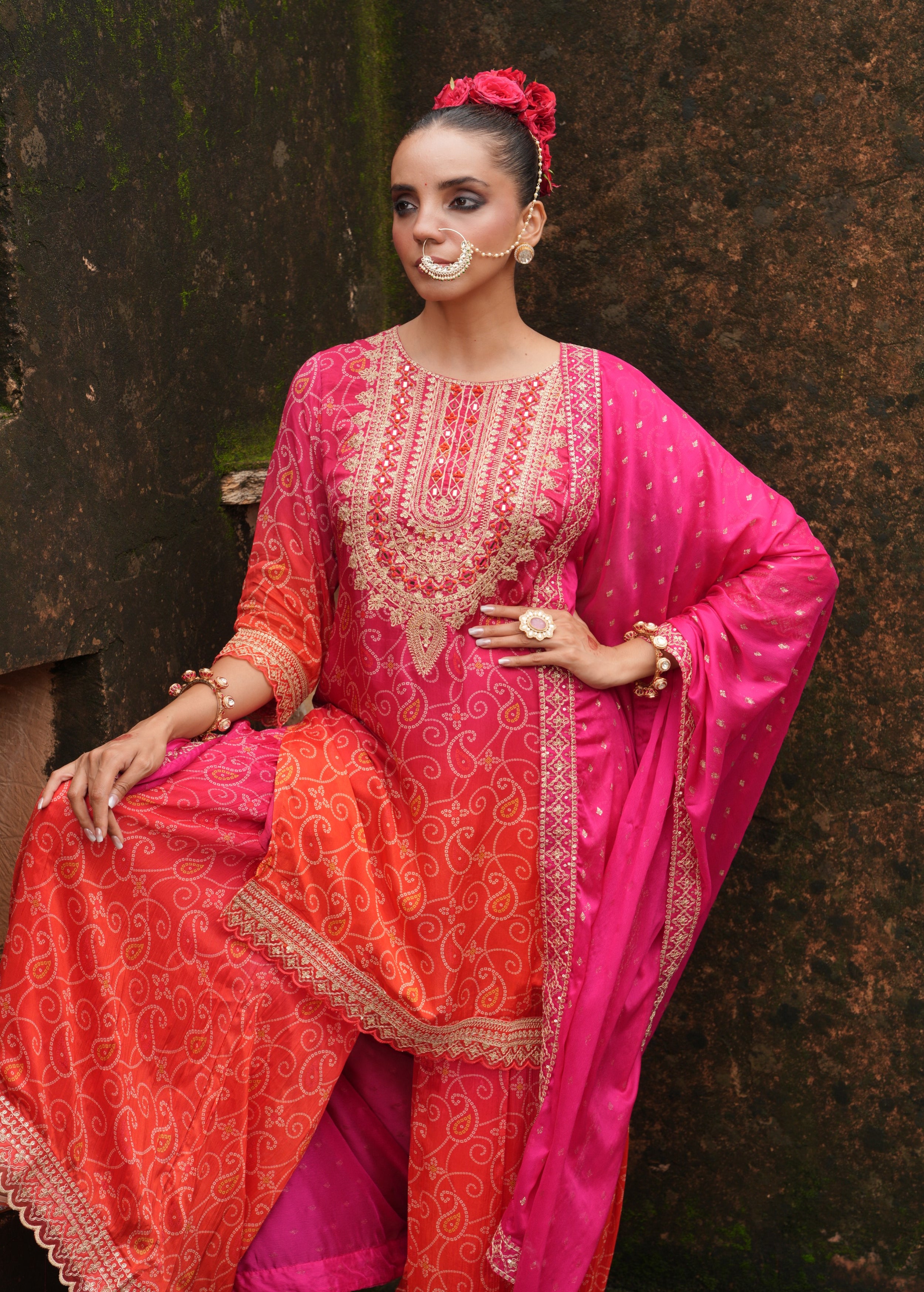 Rich Pink Embellished Chinon Silk Sharara Set