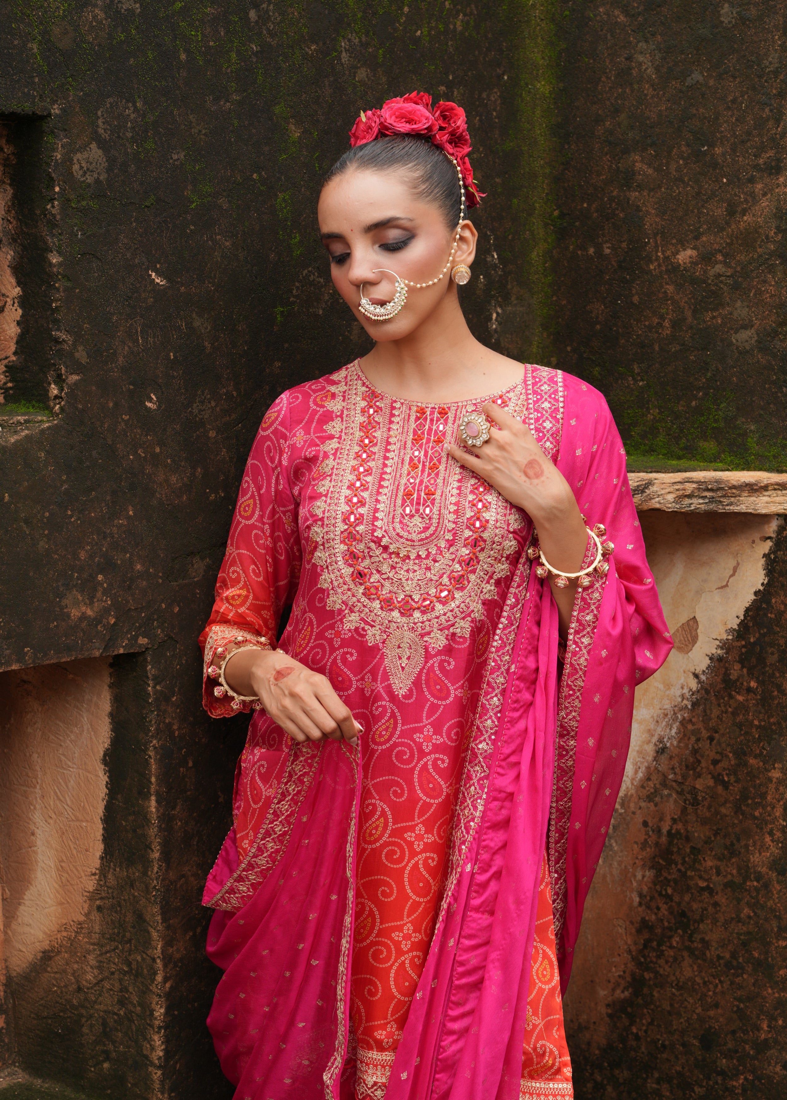 Rich Pink Embellished Chinon Silk Sharara Set