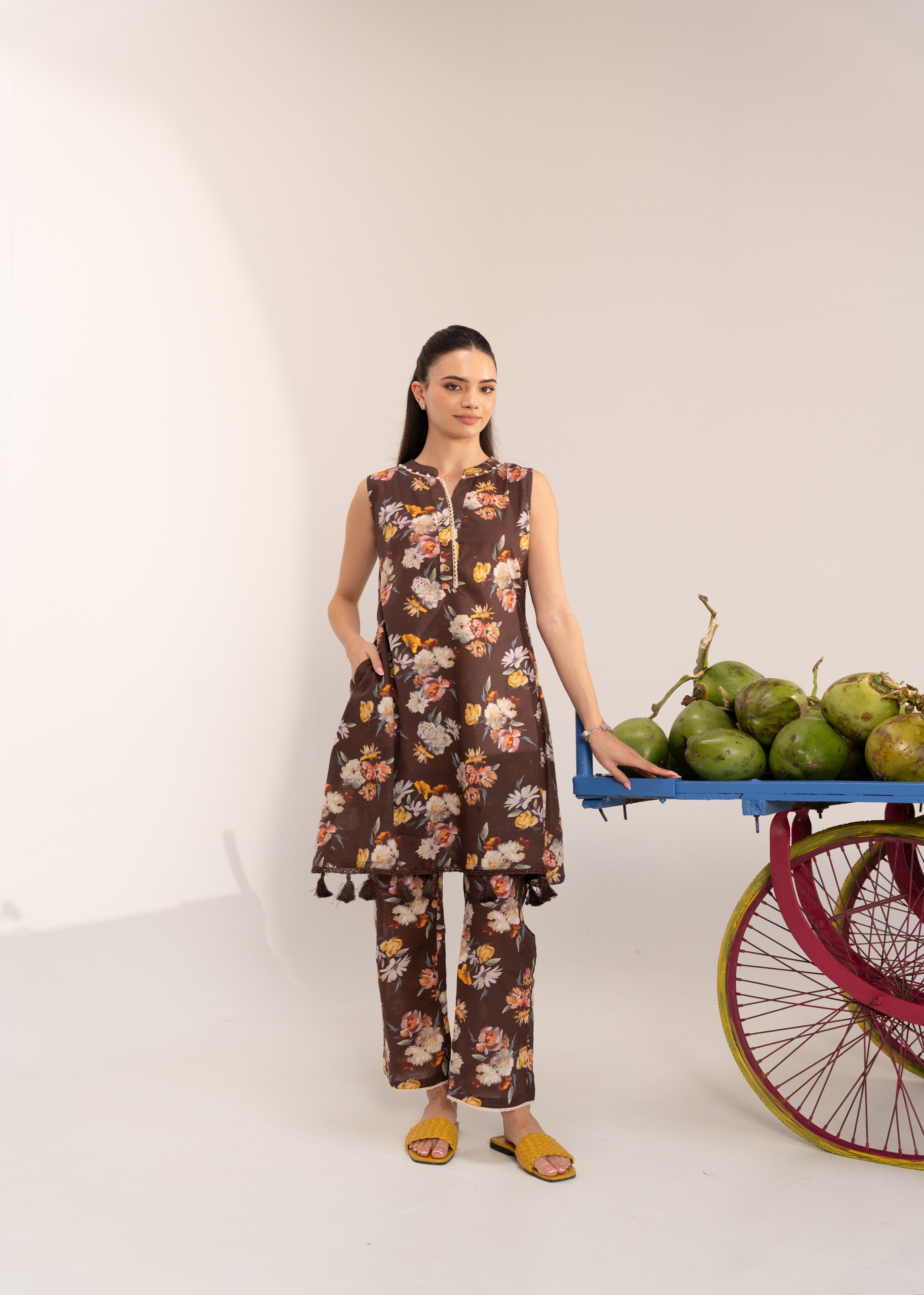 Brown Floral Printed Cotton Co-Ord Set