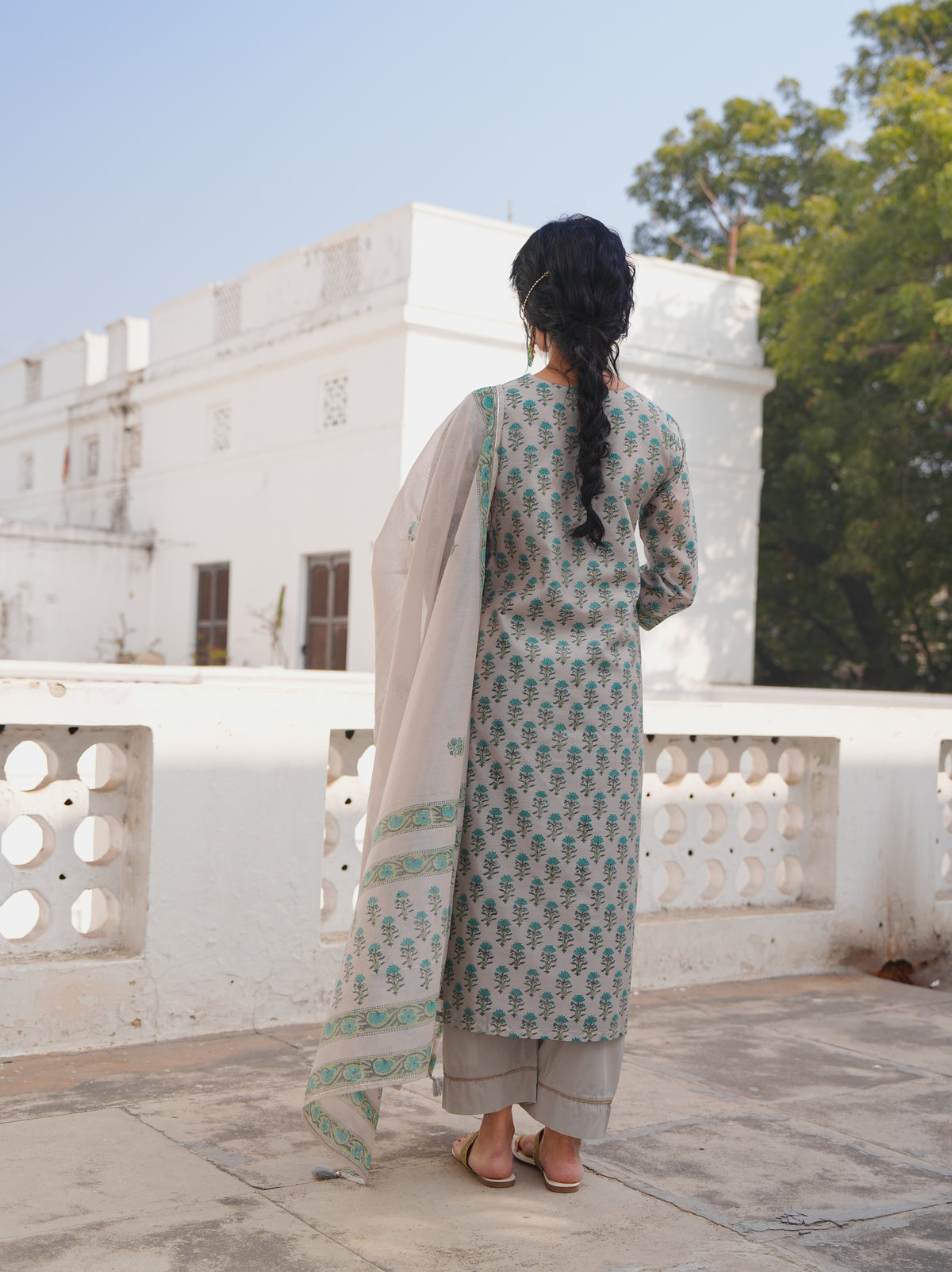 Pearl Grey Printed Chanderi Silk Pant Set