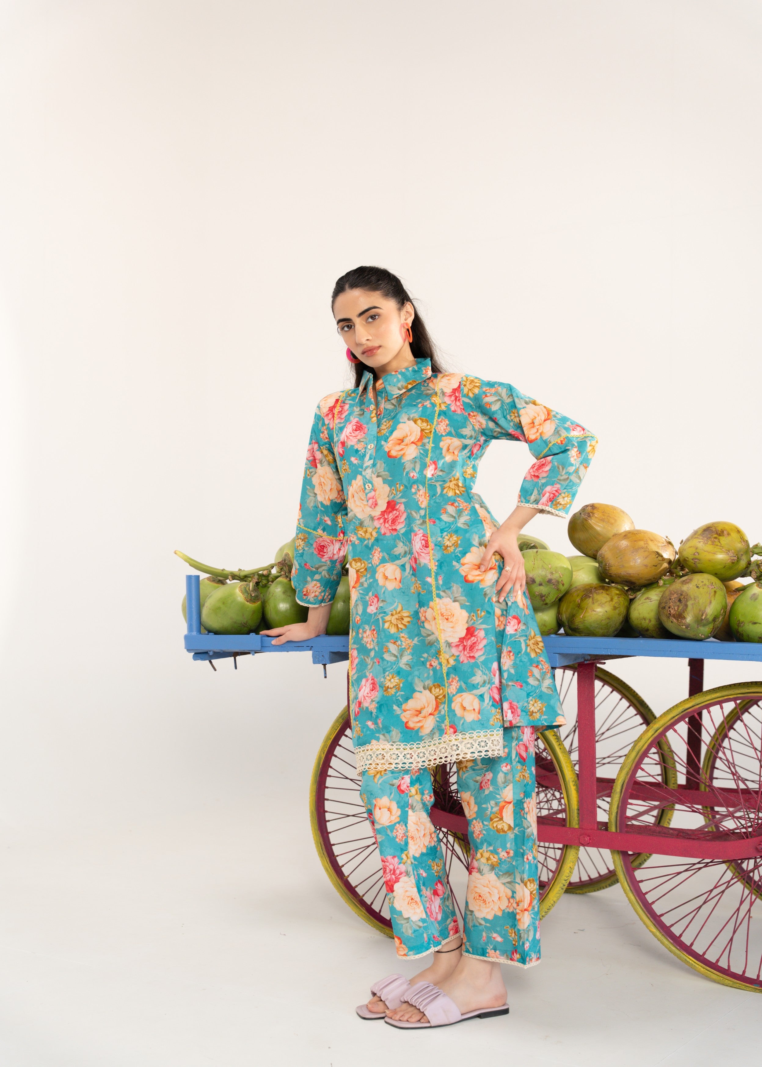 Aqua Blue Floral Printed Cotton Co-ord Set