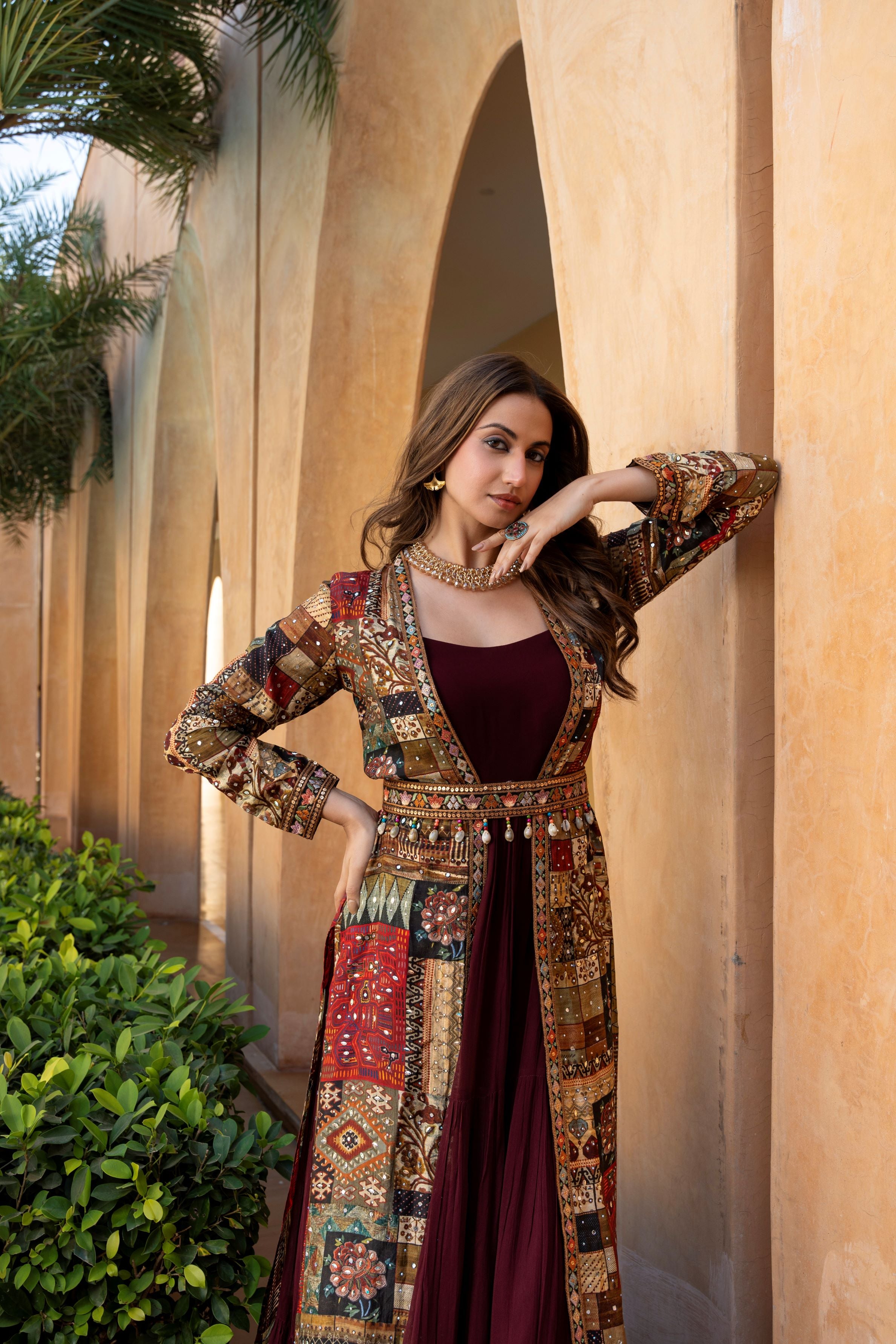 Deep Wine Traditional Printed Jacket Gown