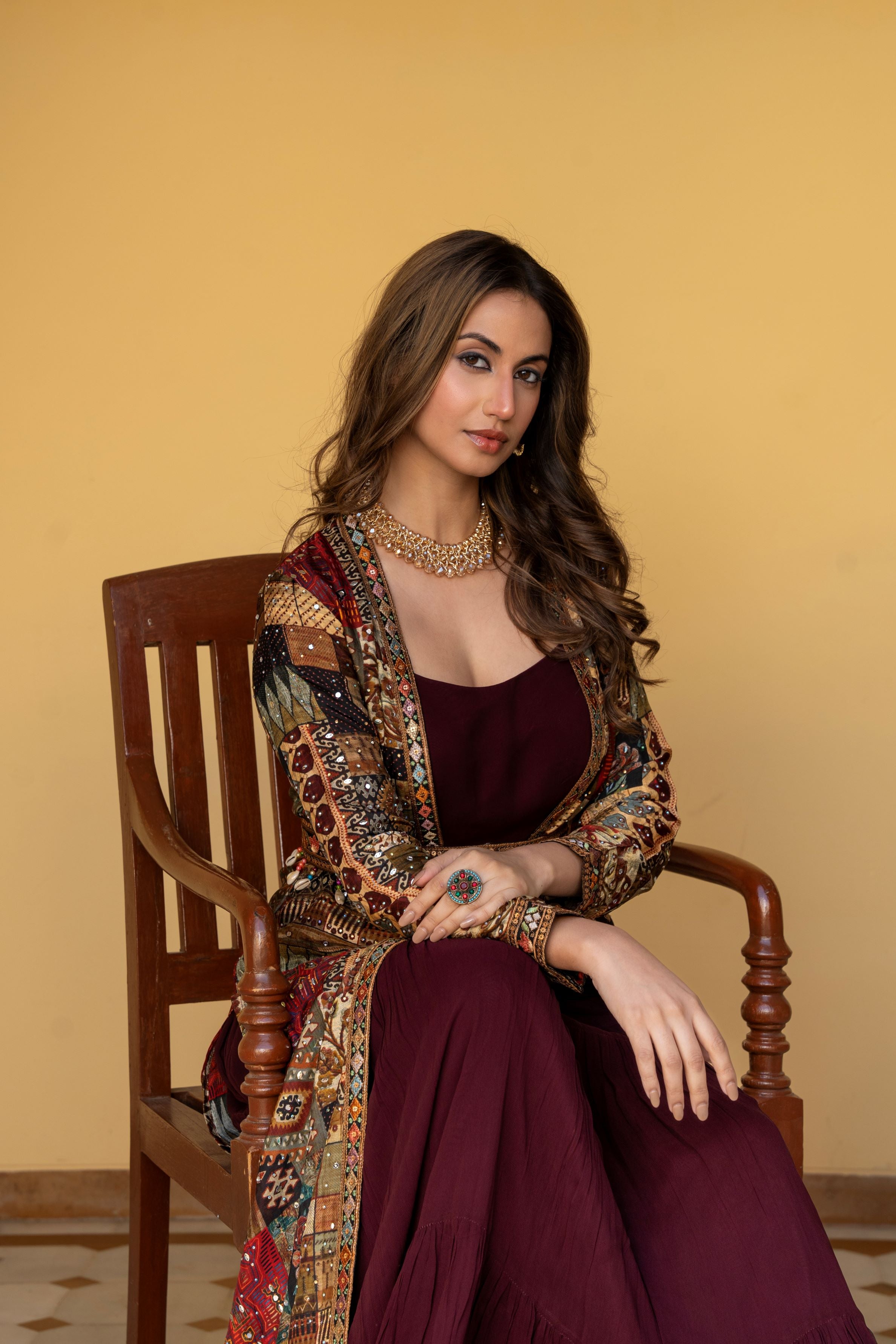 Deep Wine Traditional Printed Jacket Gown