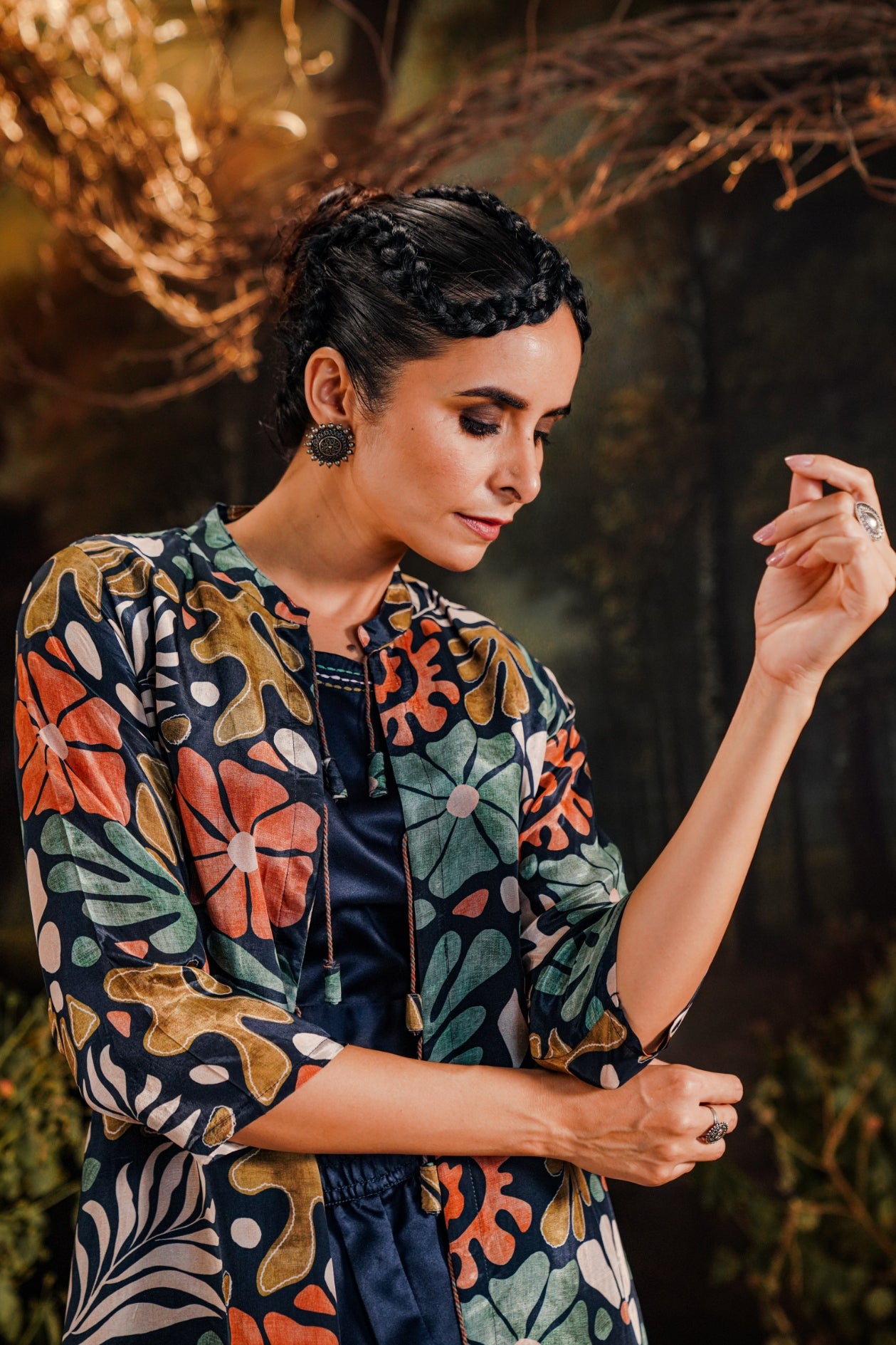 Deep Blue Tropical Printed Cape set with Jasmin Pants