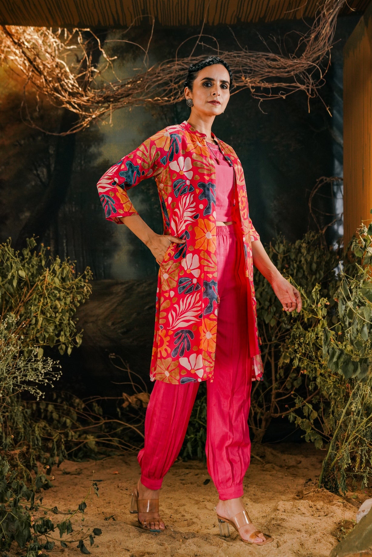 Pink Tropical Printed Cape set with Jasmin Pants