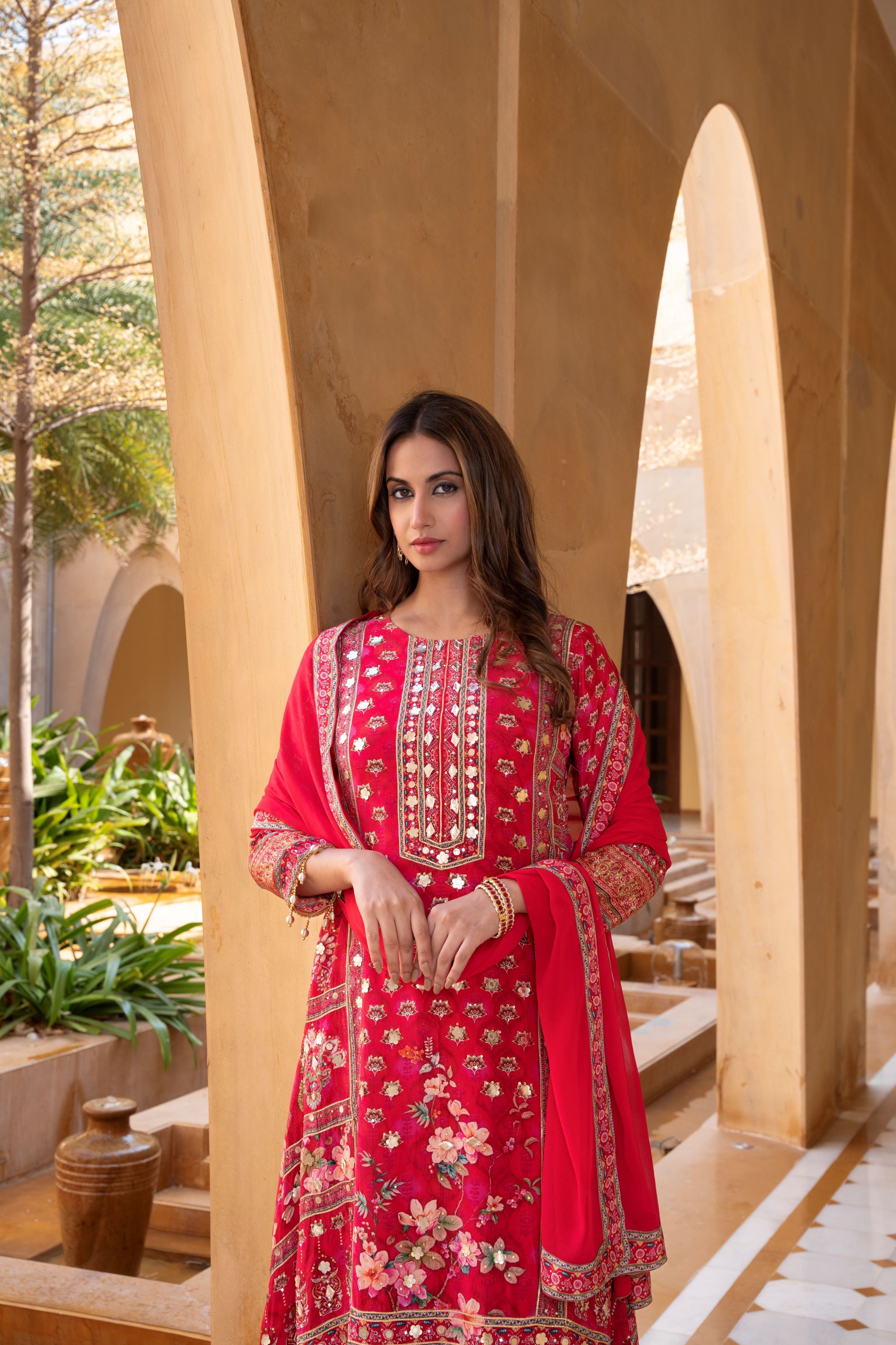 Red Traditional Printed Crepe Silk Palazzo Set