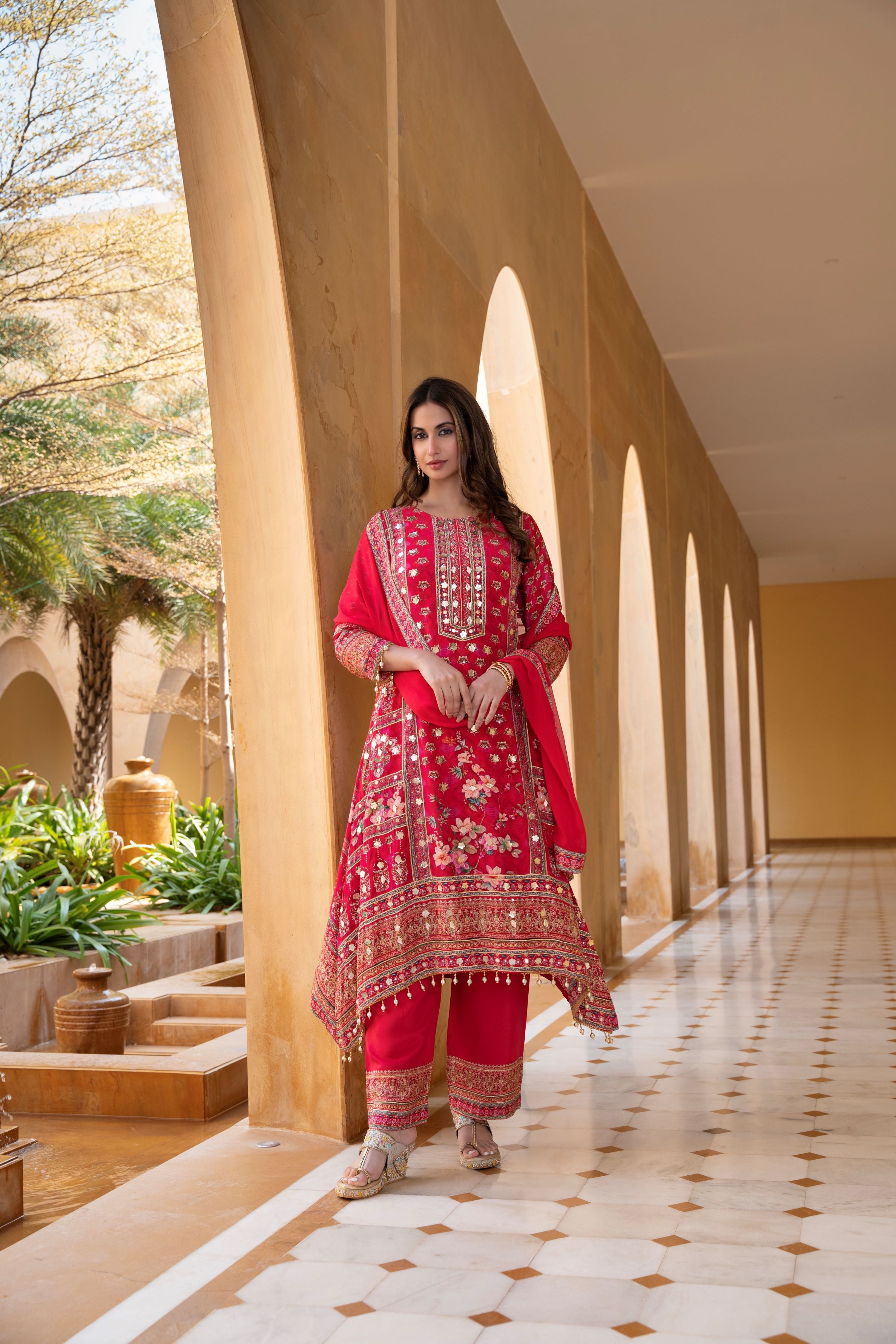 Red Traditional Printed Crepe Silk Palazzo Set