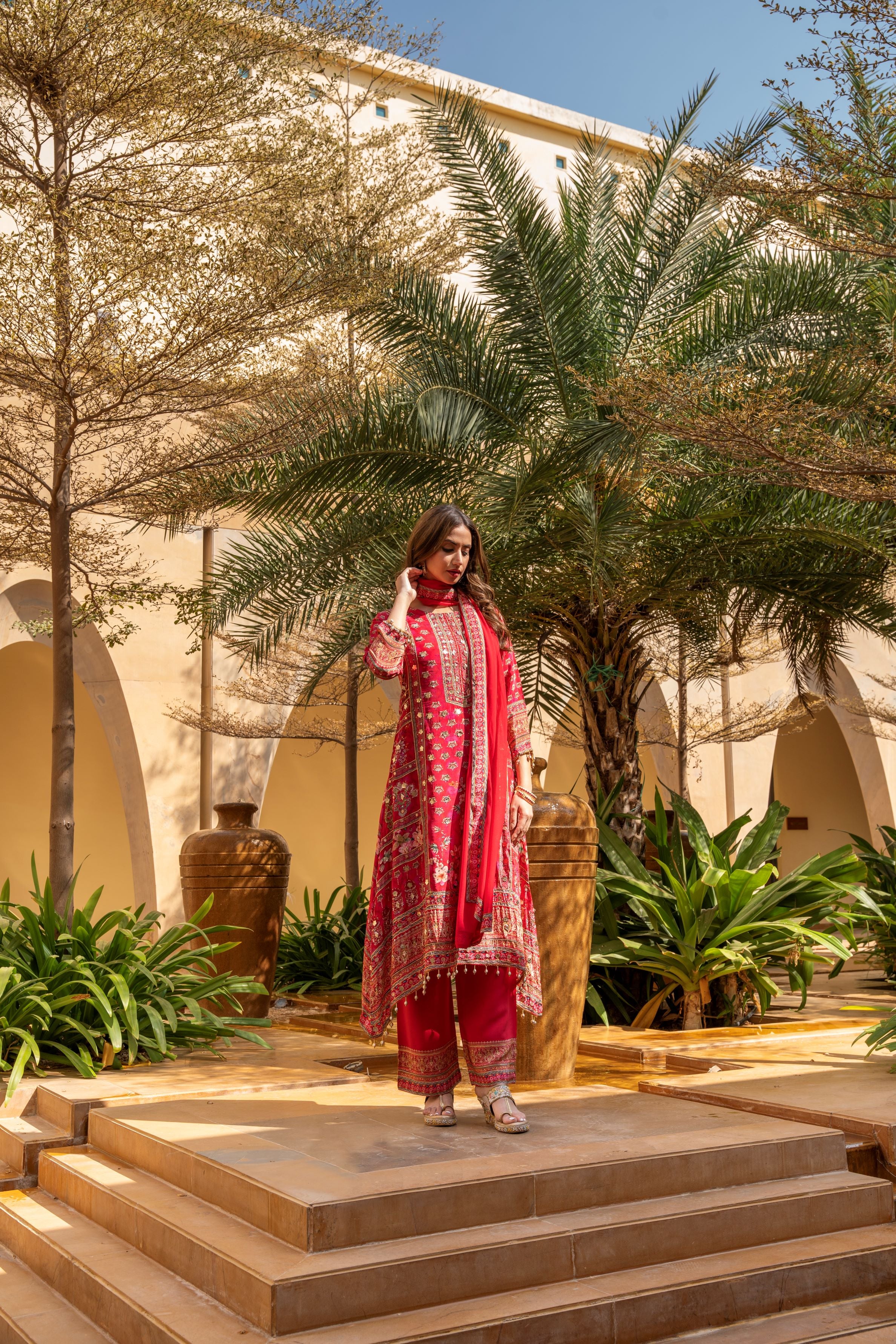 Red Traditional Printed Crepe Silk Palazzo Set