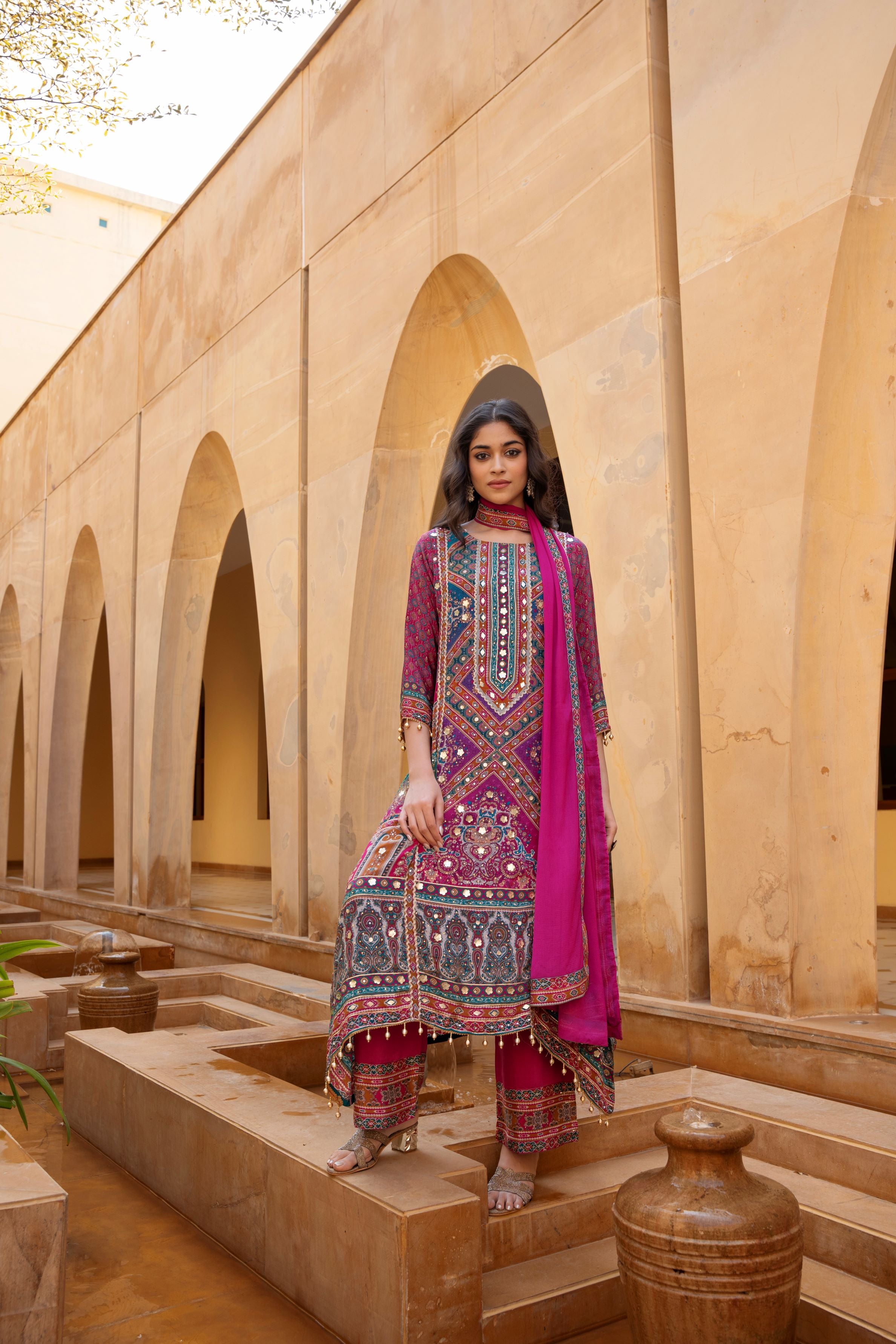 Pink Traditional Printed Crepe Silk Palazzo Set