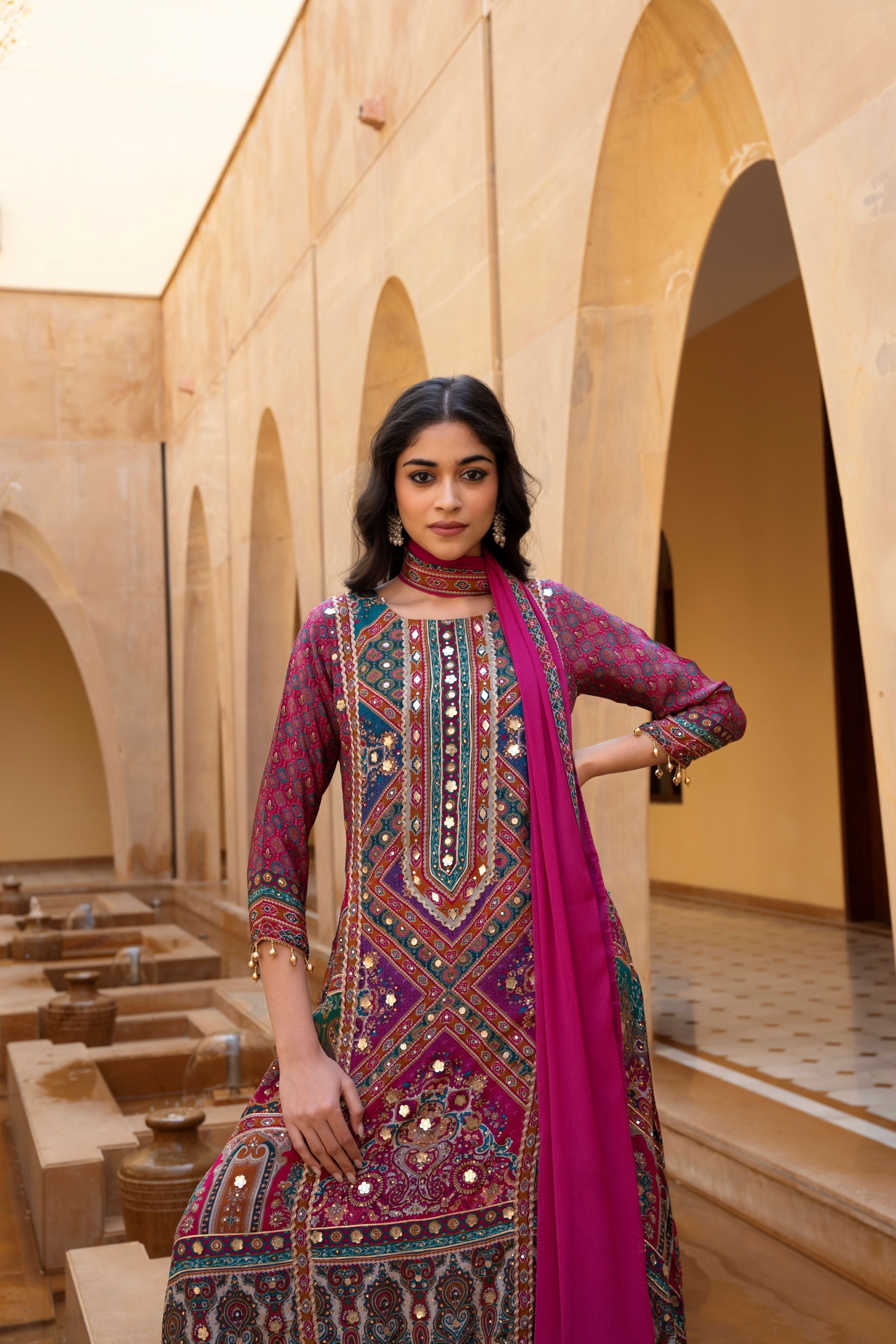 Pink Traditional Printed Crepe Silk Palazzo Set