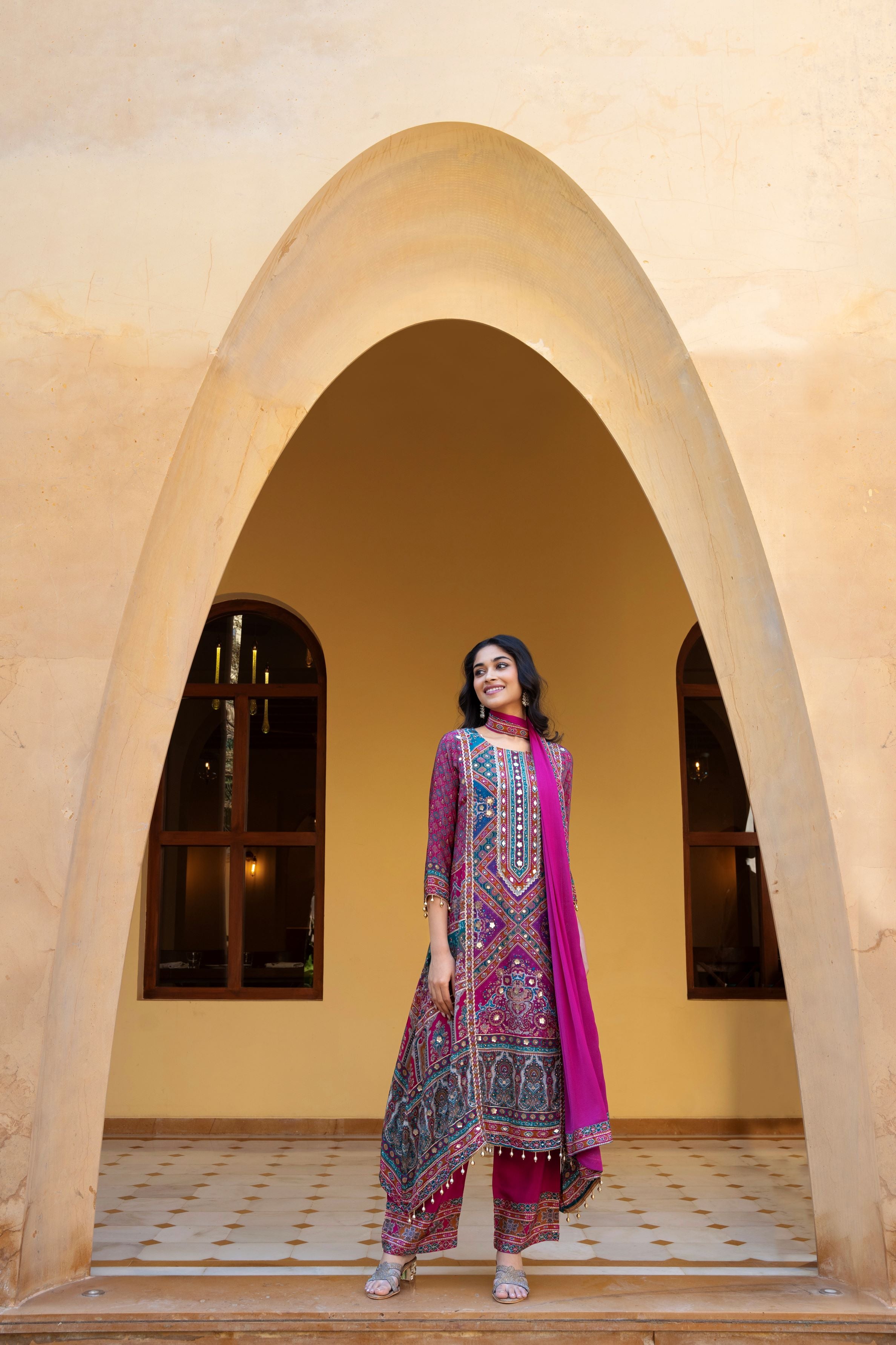 Pink Traditional Printed Crepe Silk Palazzo Set