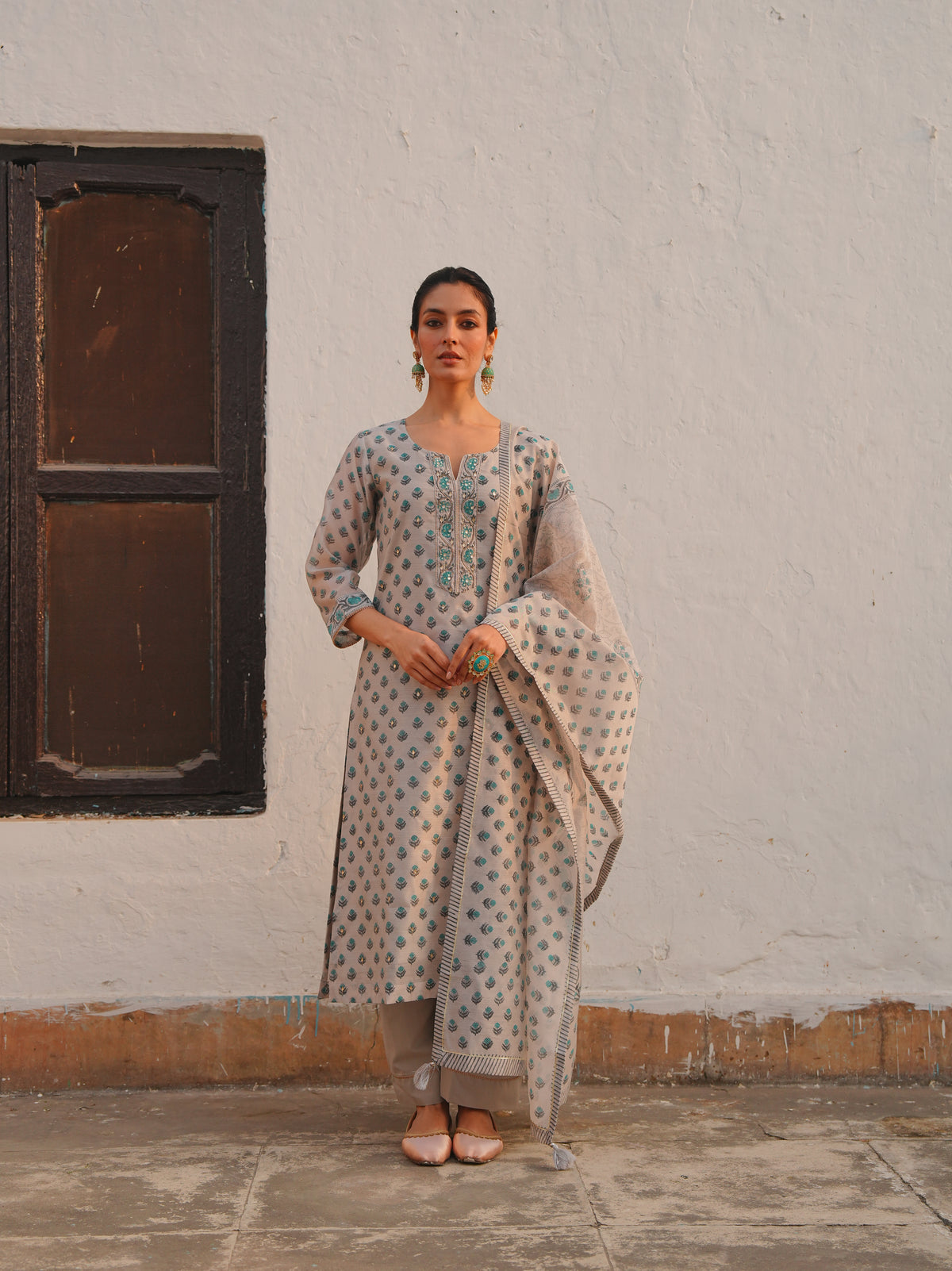 Mist Grey Printed Chanderi Silk Pant Set