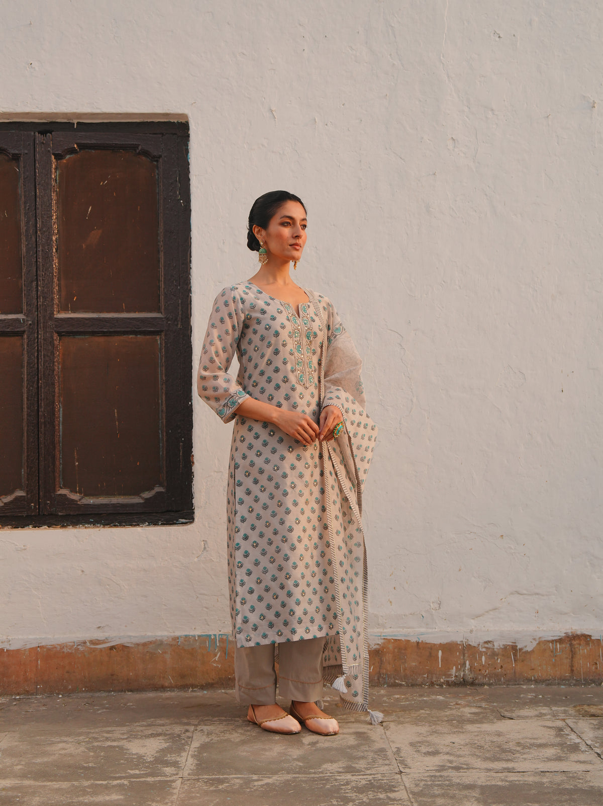 Mist Grey Printed Chanderi Silk Pant Set