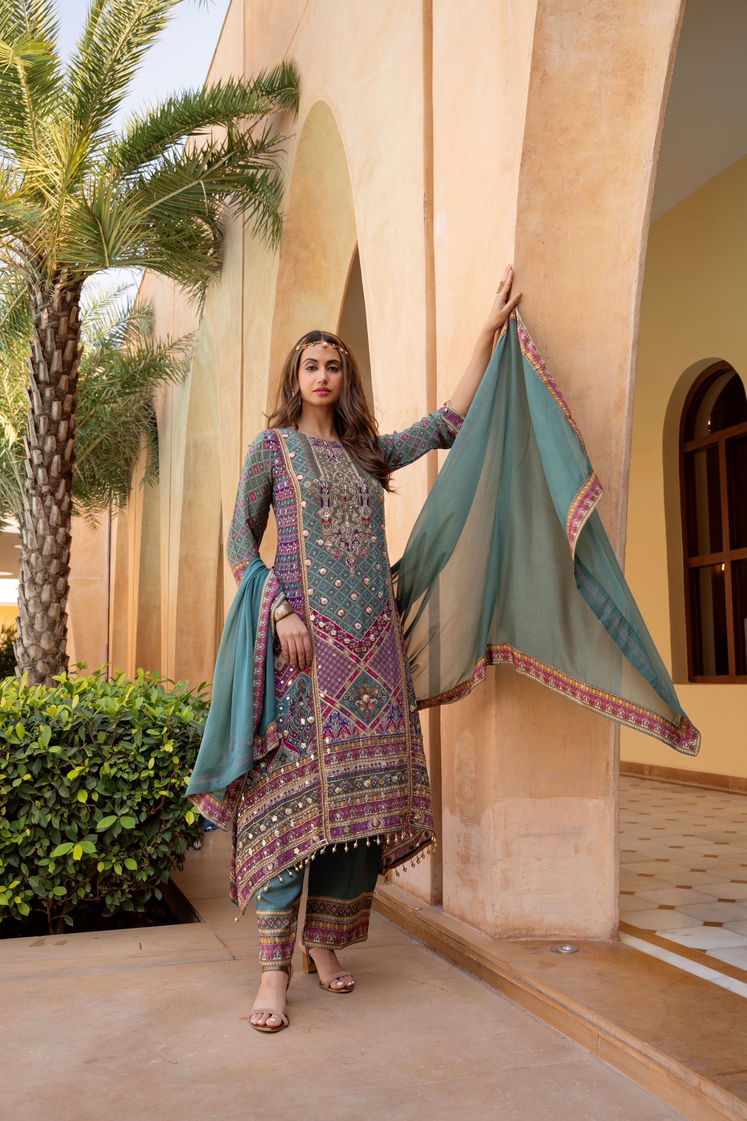 Sea Green Traditional Printed Palazzo Set