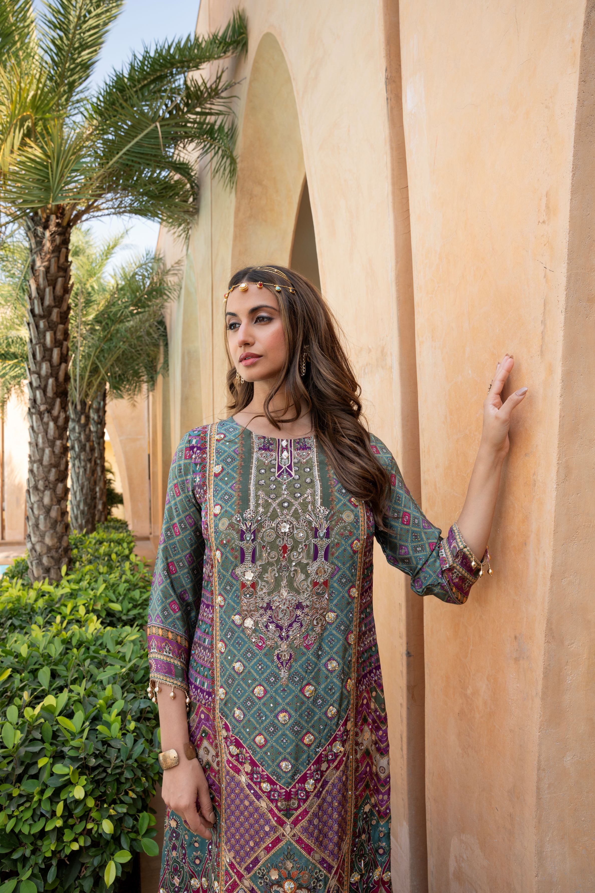 Sea Green Traditional Printed Palazzo Set