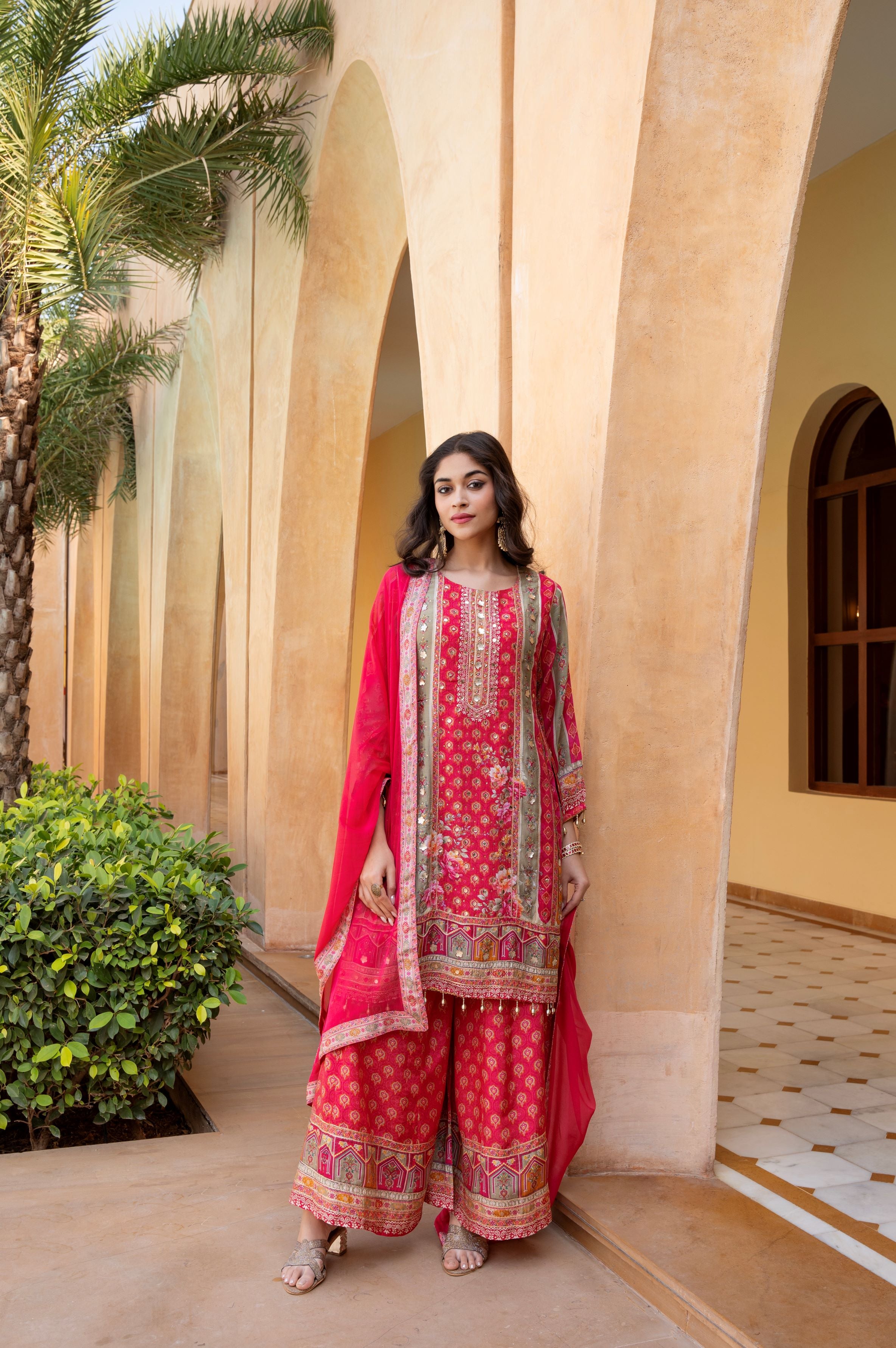 Imperial Red Traditional Printed Palazzo Set