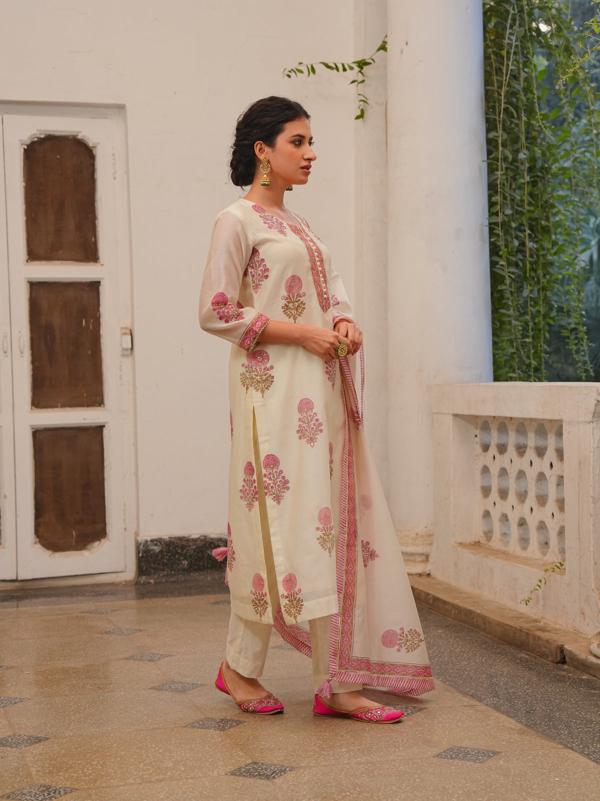 Blush Pink Printed Chanderi Silk Pant Set