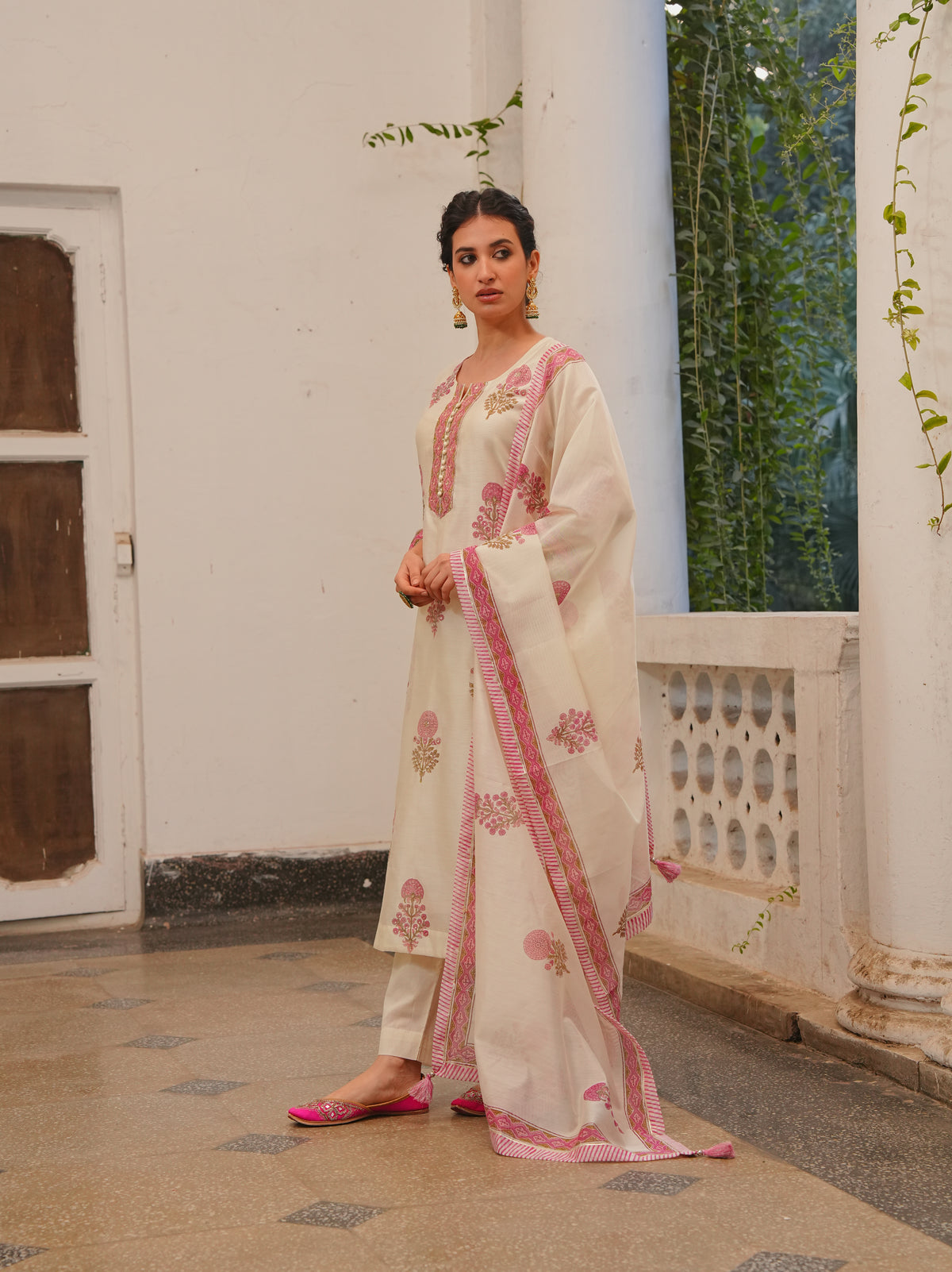 Blush Pink Printed Chanderi Silk Pant Set