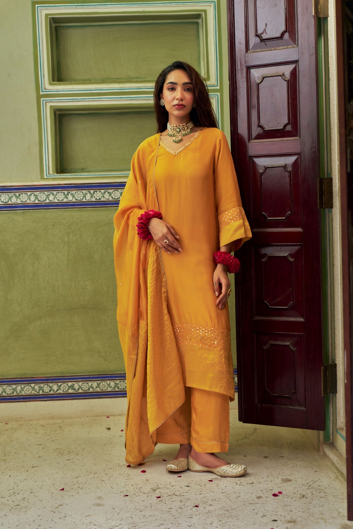 Mustard Yellow Embellished Tabby Silk Pant Set