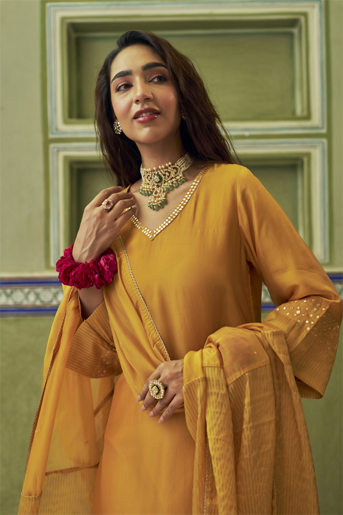 Mustard Embellished Pure Tabby Silk A-Line Kurta Set