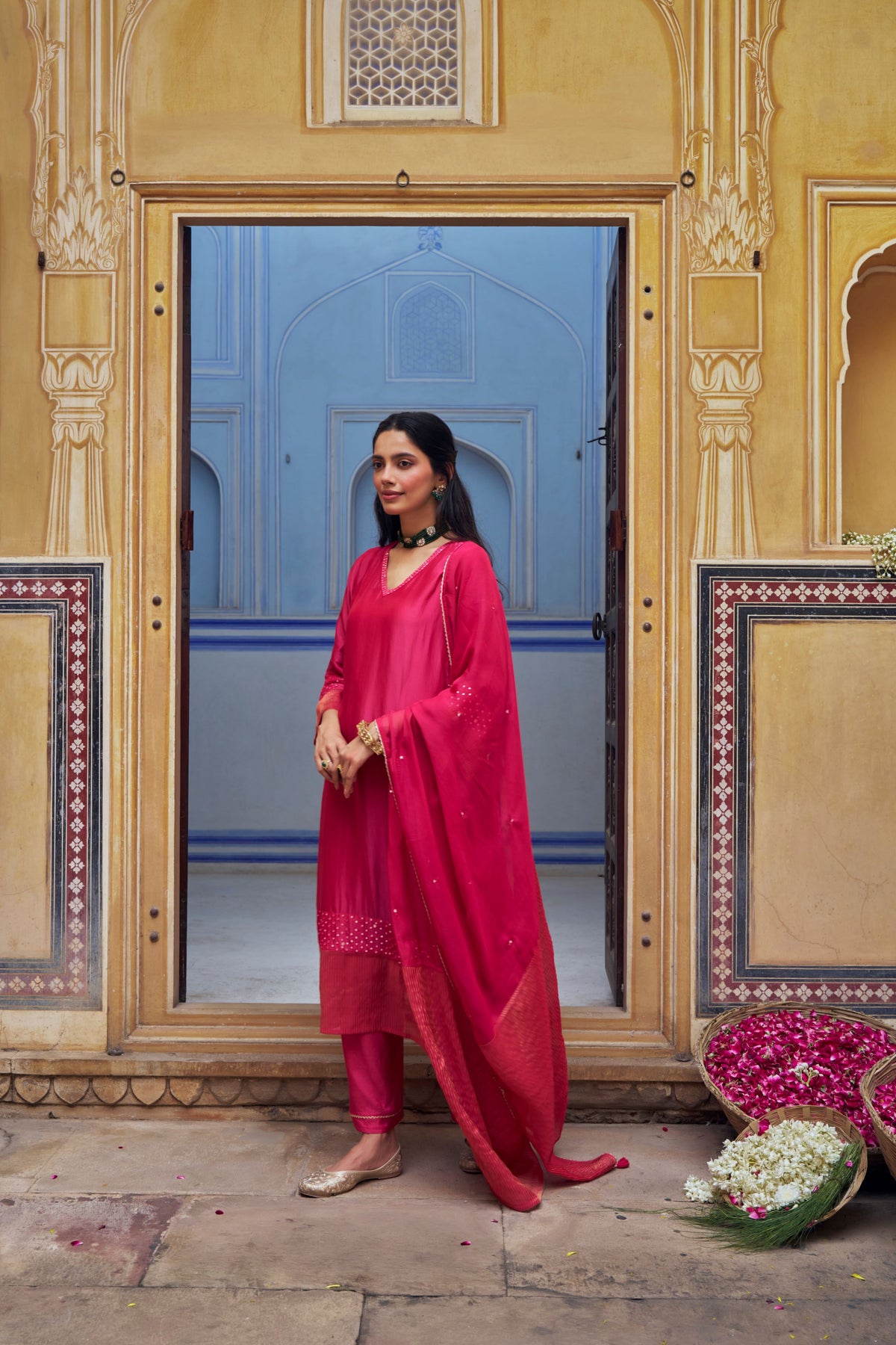 Rani Pink Embellished Tabby Silk Pant Set