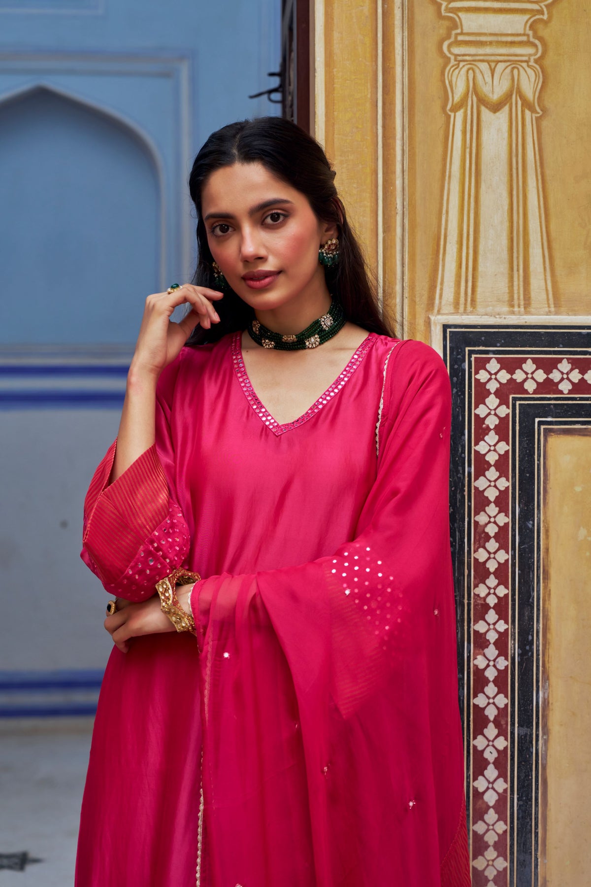 Rani Pink Embellished Tabby Silk Pant Set