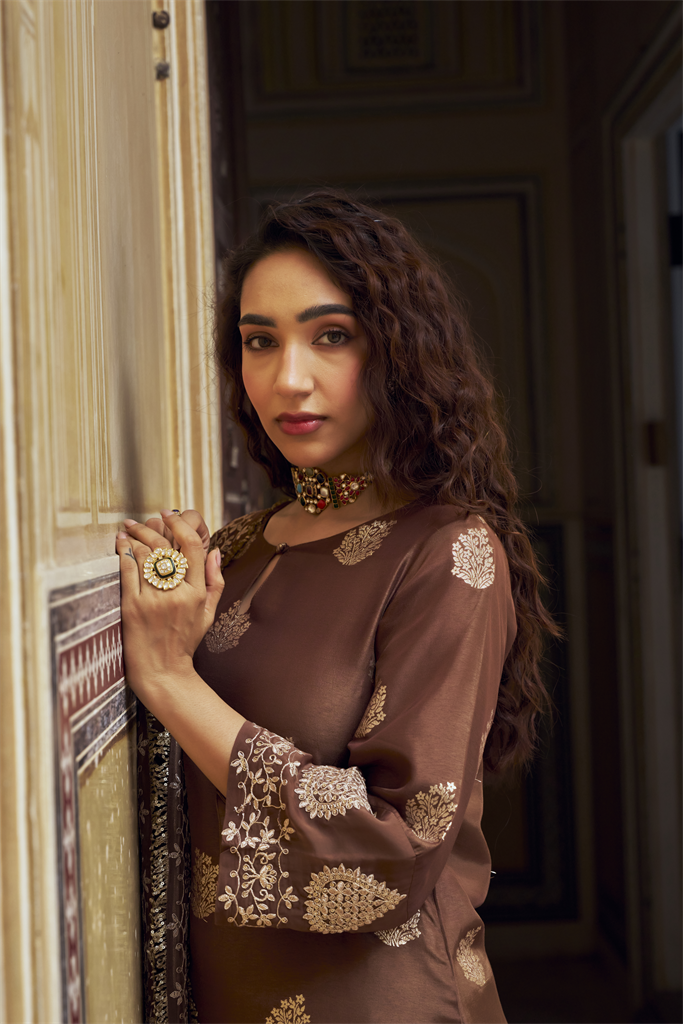 Brown Embellished Pure Banarasi Sharara Set