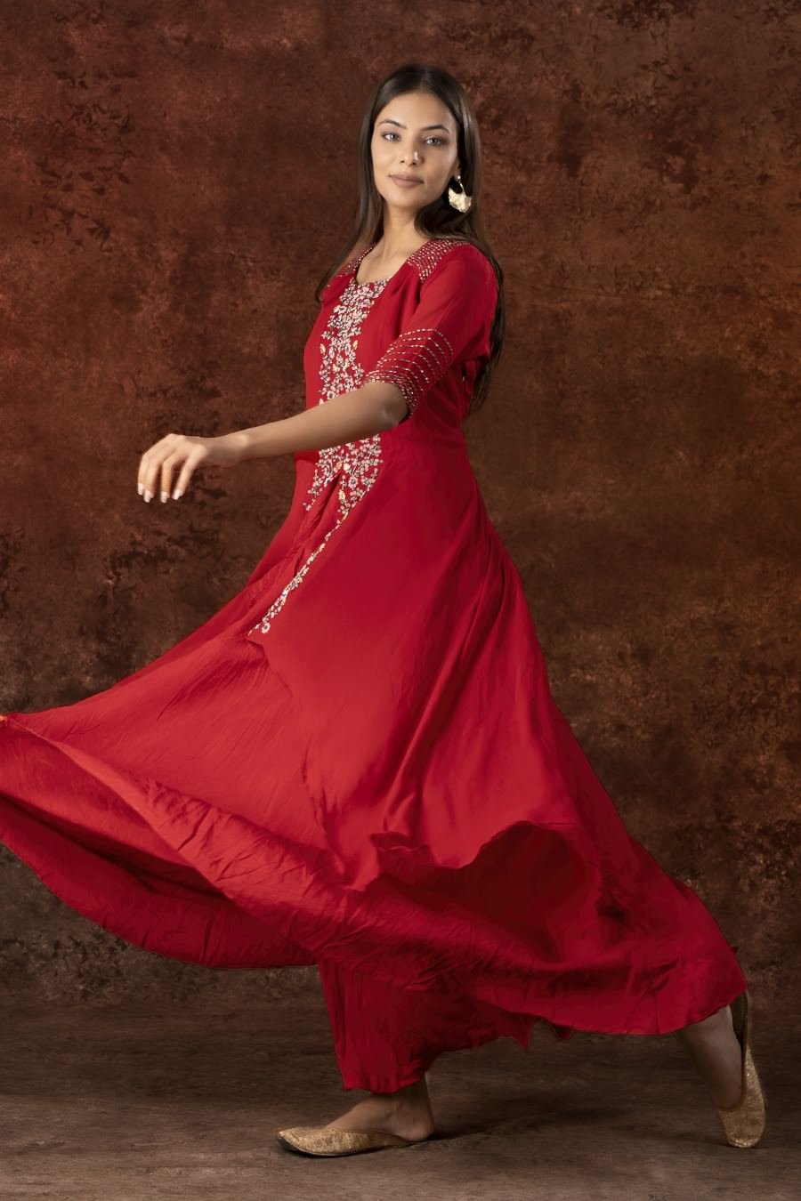 Deep Red georgette silk Asymmetrical Tule Gown