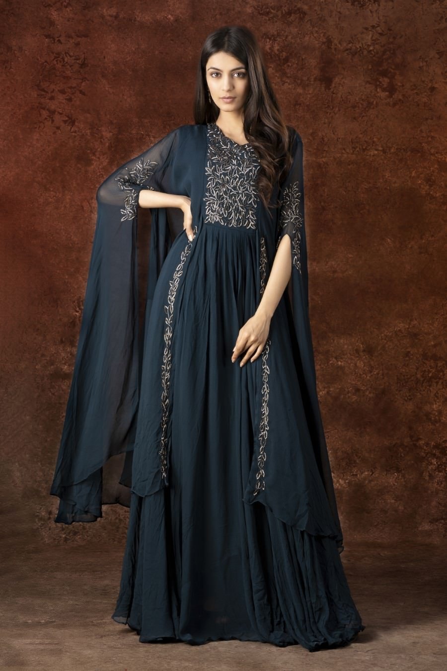 Teal Blue Georgette Embellished Layered Gown