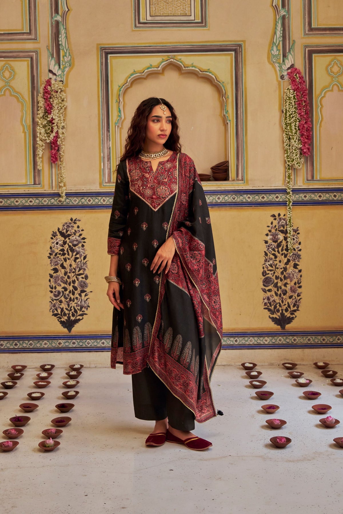 Black Embellished Russian Silk Pant Set