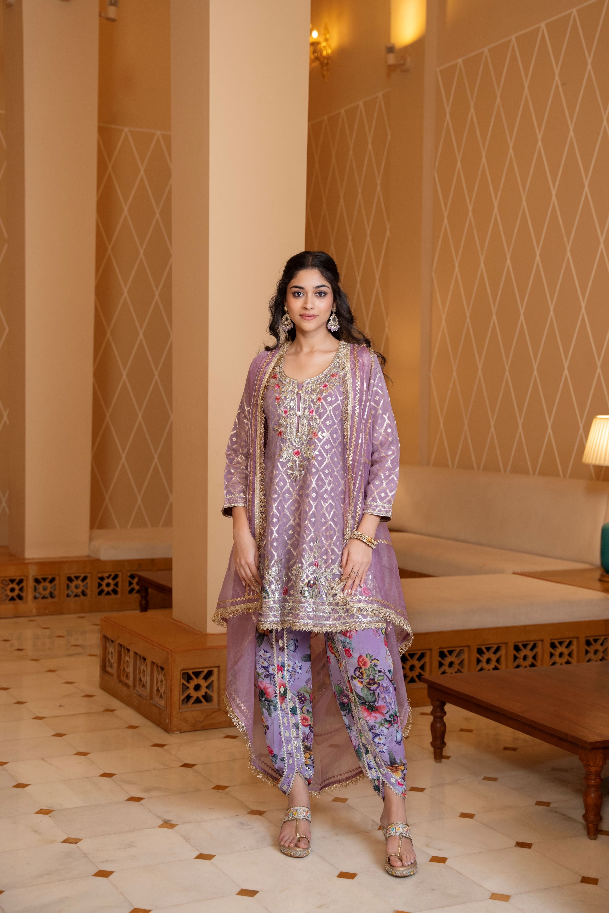 Bright lavender Embellished Dola Silk Dhoti Set