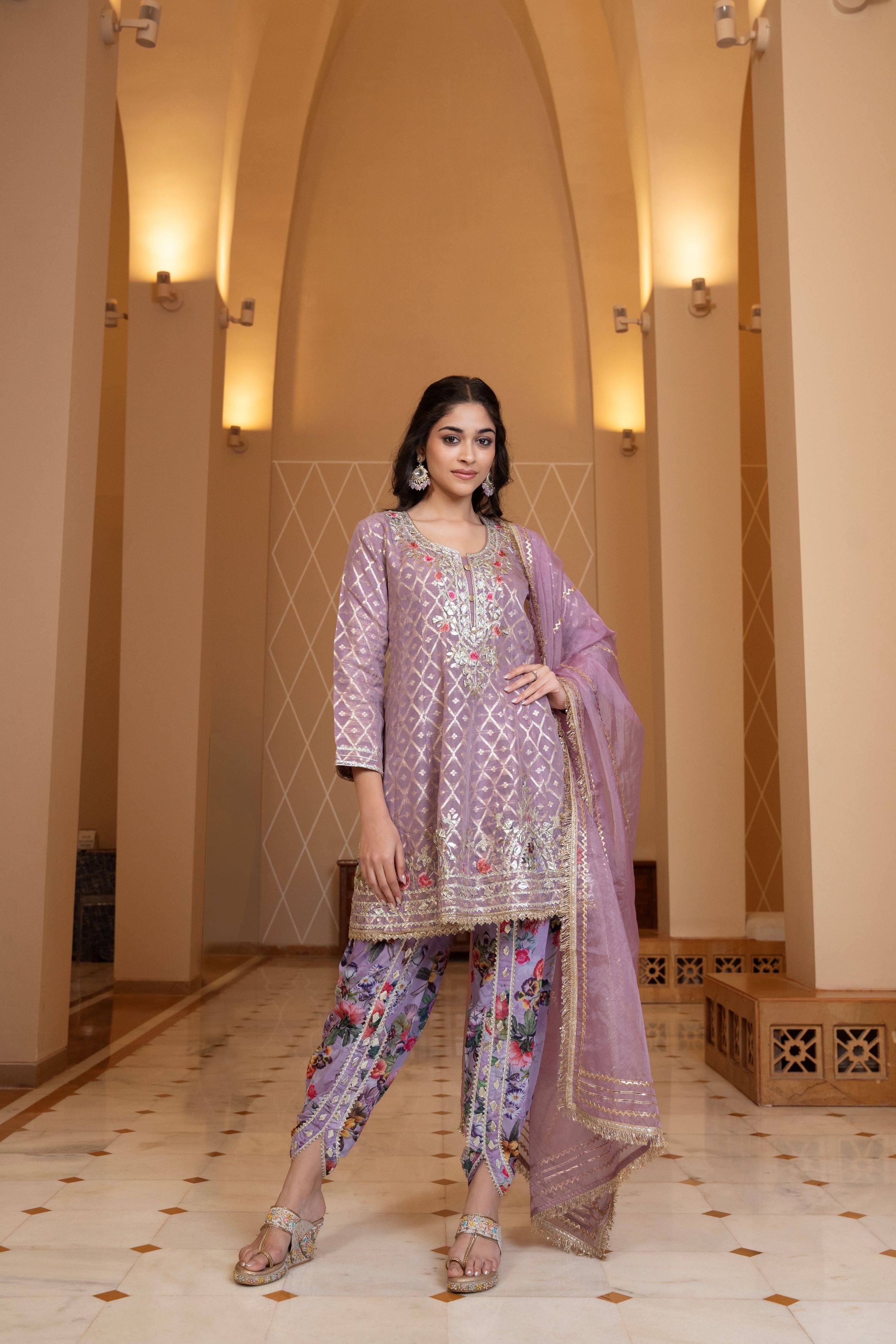 Bright lavender Embellished Dola Silk Dhoti Set