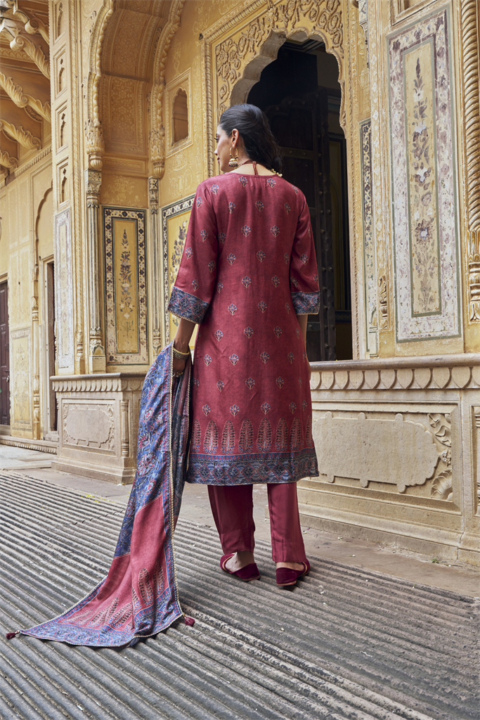 Maroon Embellished Russian Silk Pant Set