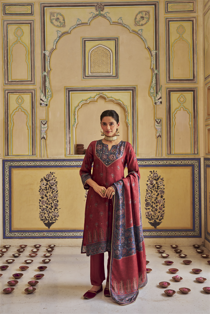 Maroon Embellished Russian Silk Pant Set