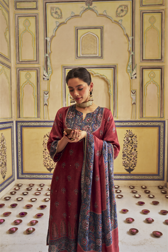 Maroon Embellished Russian Silk Pant Set