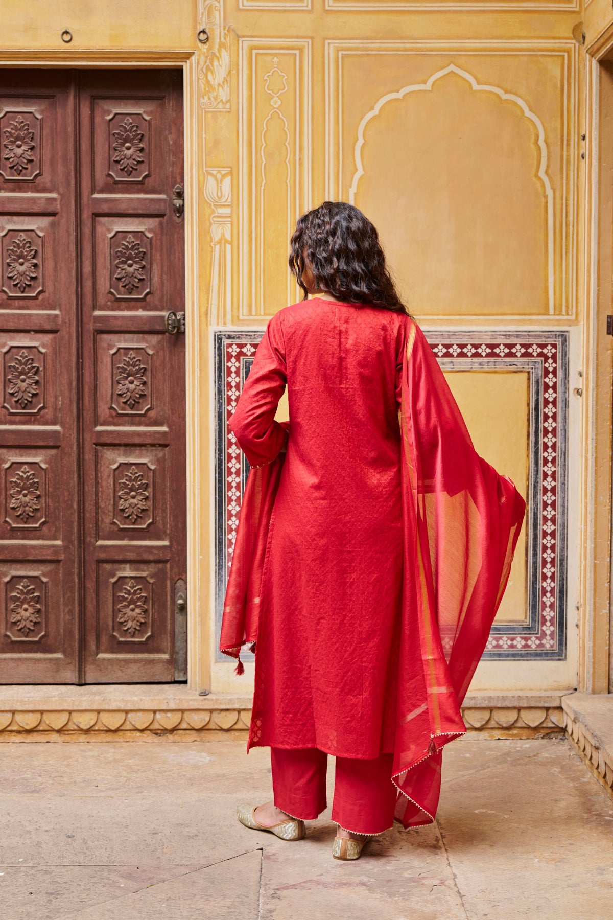 Crimson Red Embellished Banarasi Cotton Patola Kurta Set
