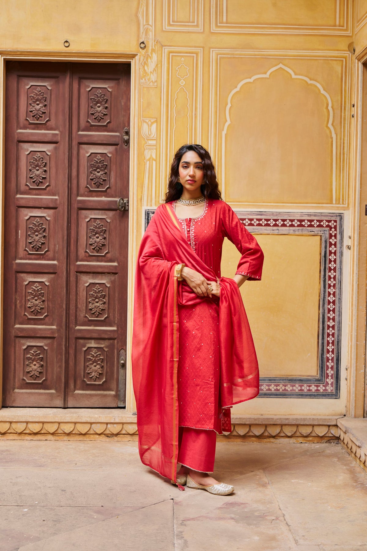 Crimson Red Embellished Banarasi Cotton Patola Kurta Set
