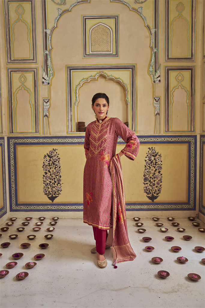 Pink Embellished Russian Silk Stripe Pant Set