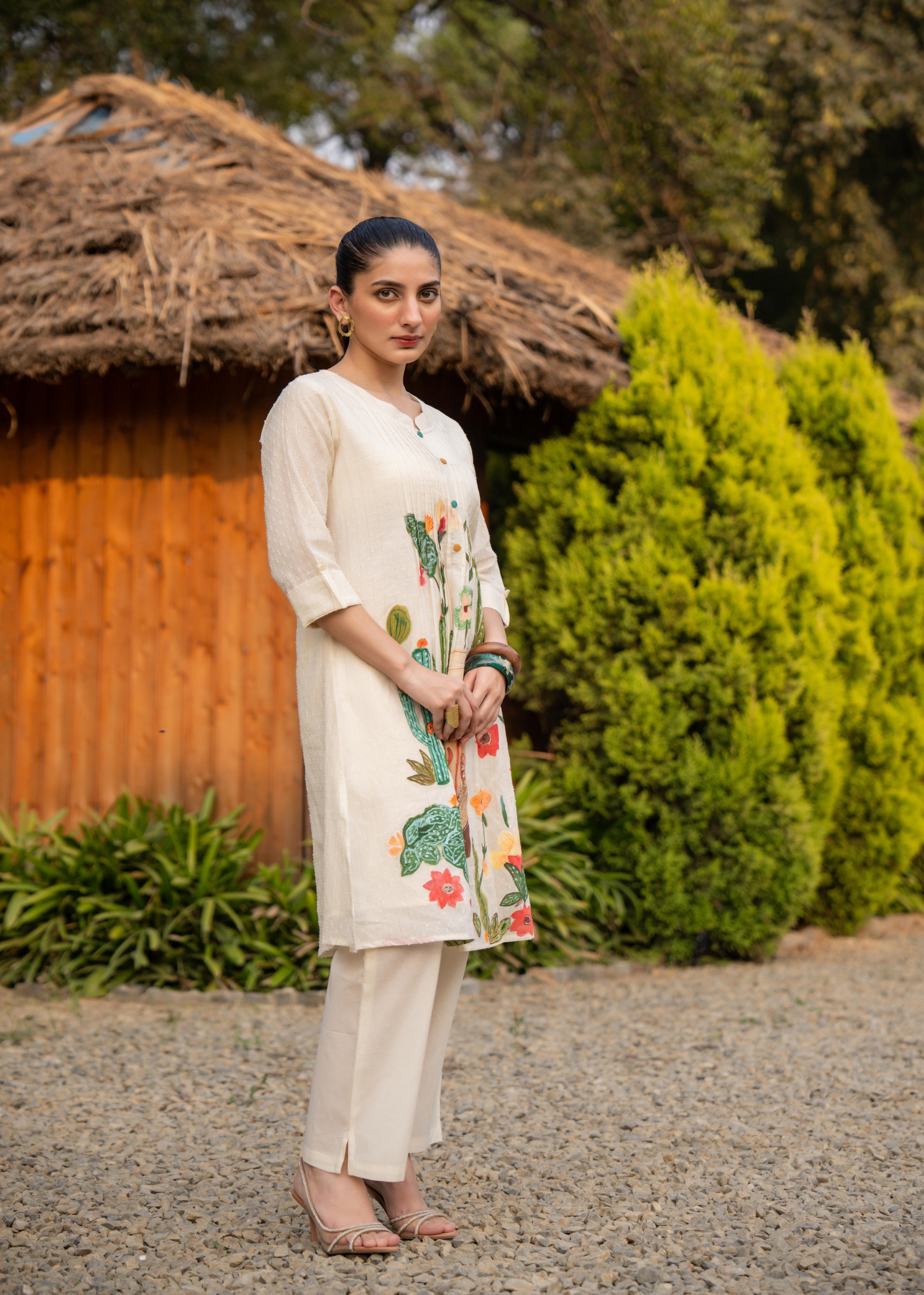 Off-White Western Printed Mul Cotton Kurta Set